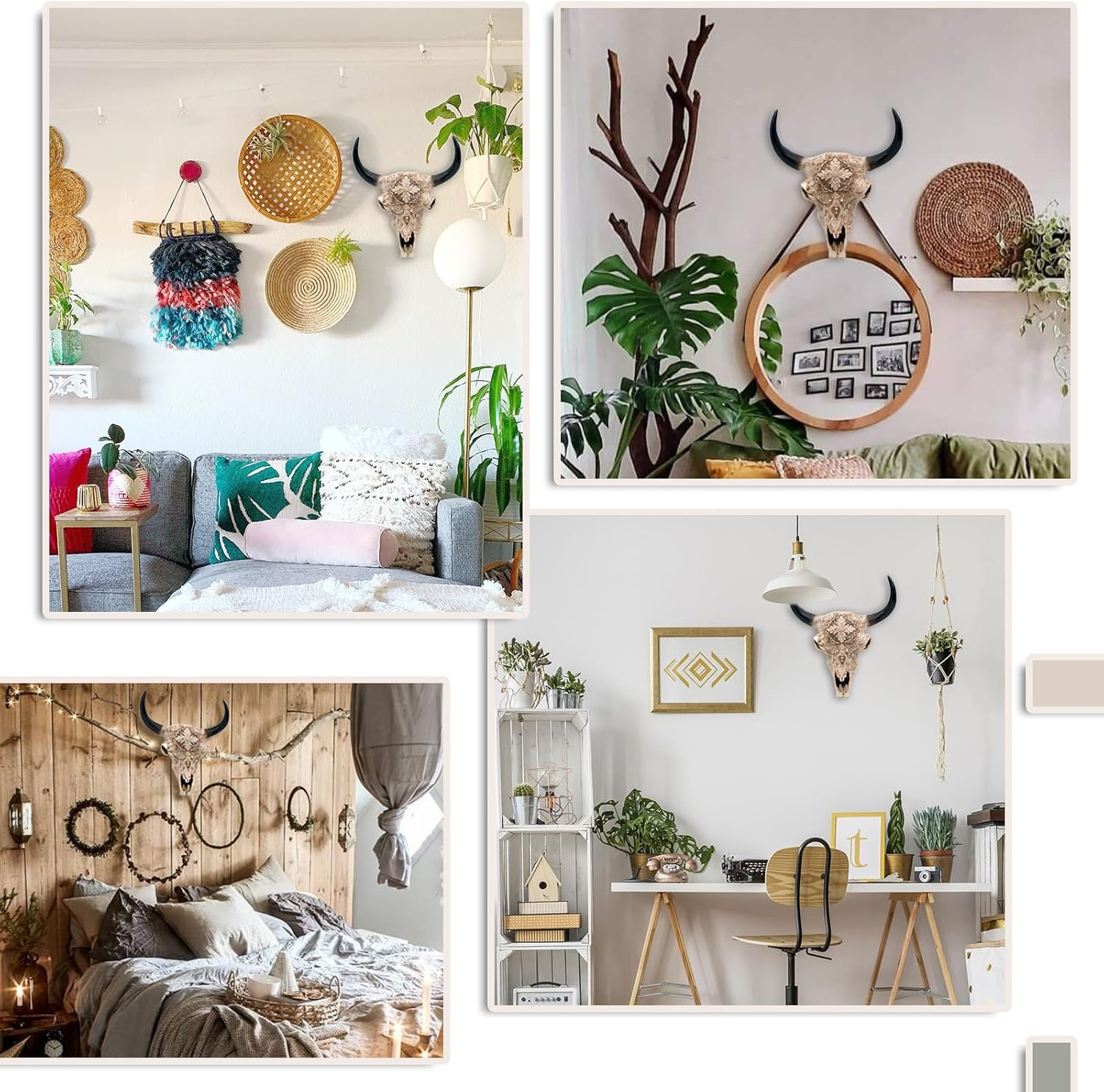 Boho Cow Skull Wall Decor - 9.3&rdquo; L Faux Bull Skull Wall Handing Resin Animal Steer Head Ornament Western Bohemia Room Ideas Decorations image number 4