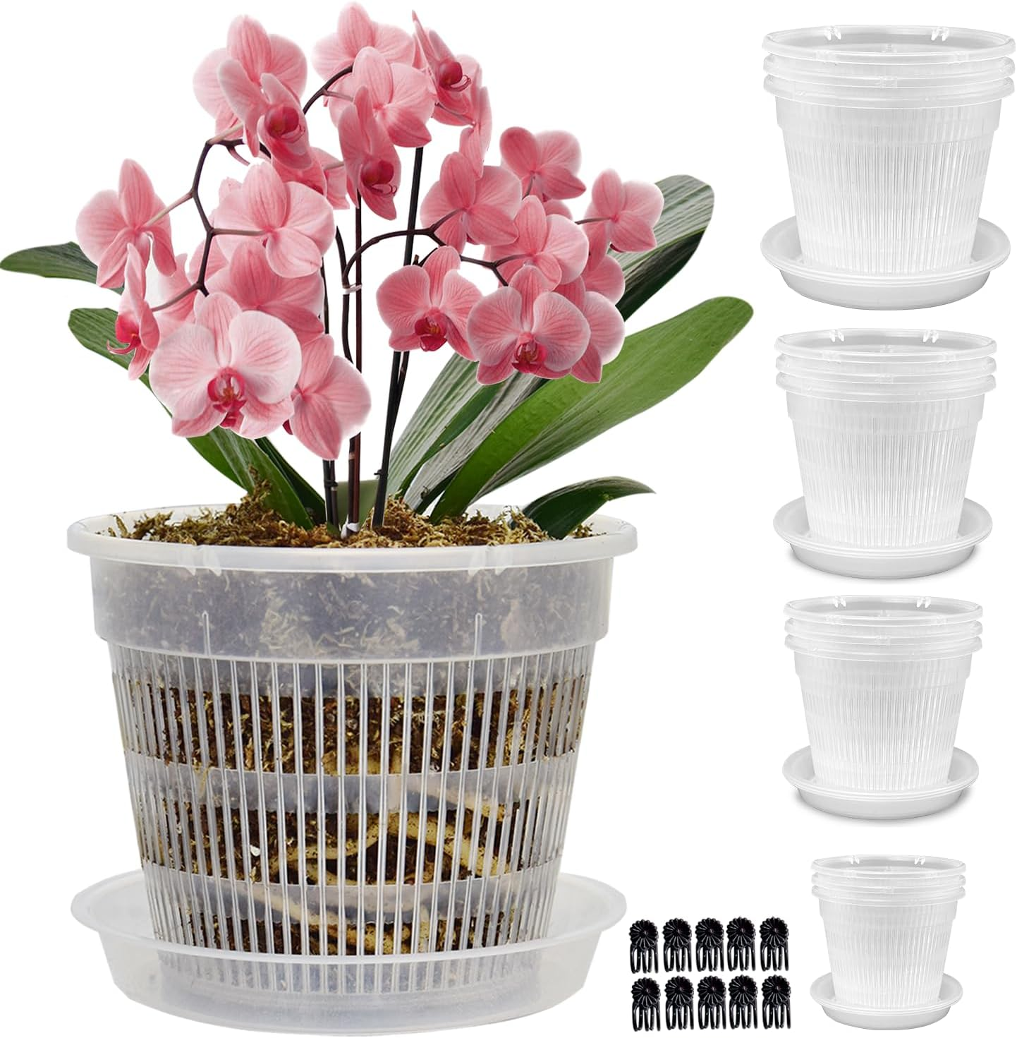 12 Pack Orchid Pot with Saucers, 4 Each of 4.5In, 5.5In and 6.3In Orchid Pots for Repotting, Clear Orchid Pots with Holes, Plastic Flower Plant Pot