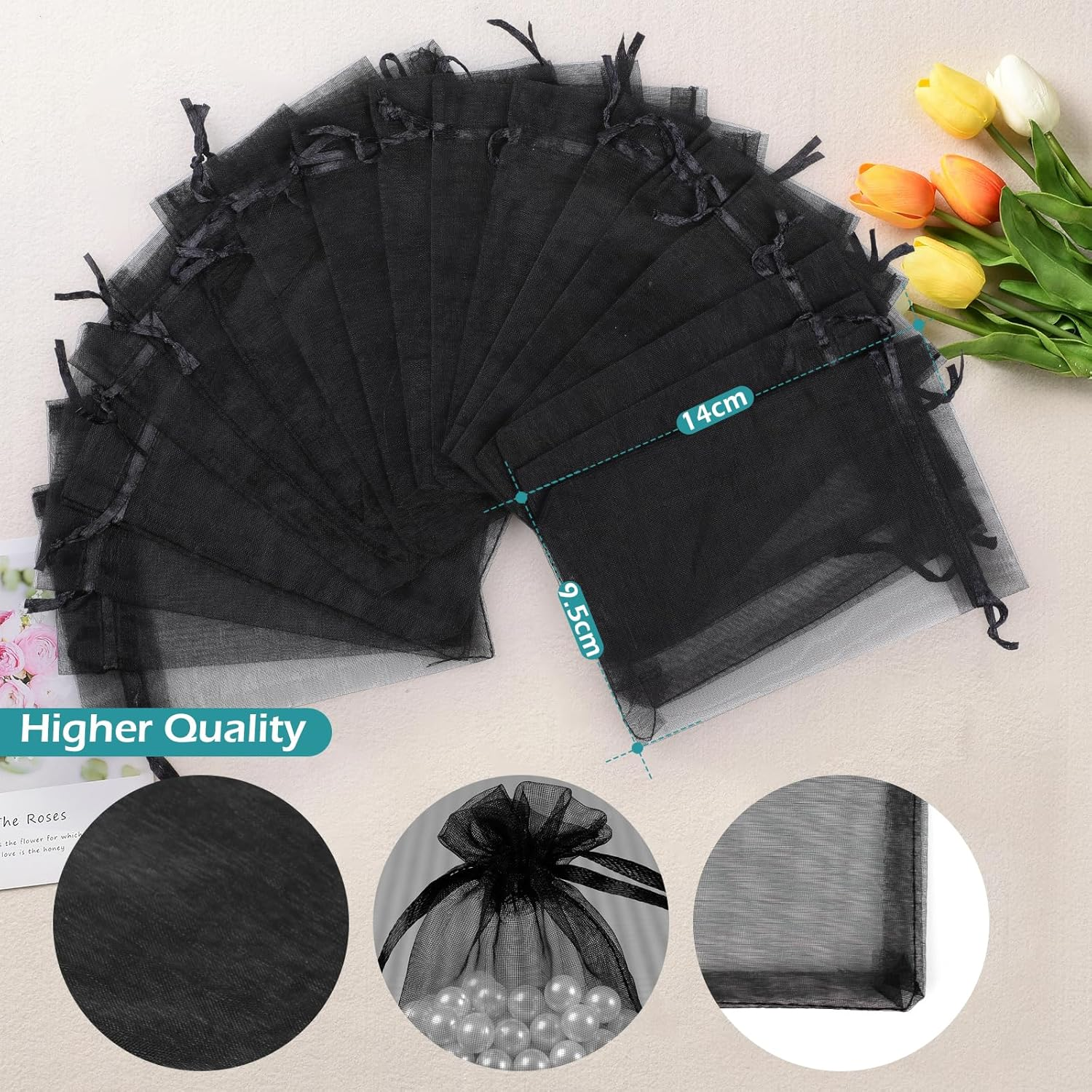 Bigqin 60Pcs Sheer Organza Bags Black 10 Cm X 15 Cm Wedding Favor Bags, Drawstring Pouches Gift Bags for Wedding, Party and Package