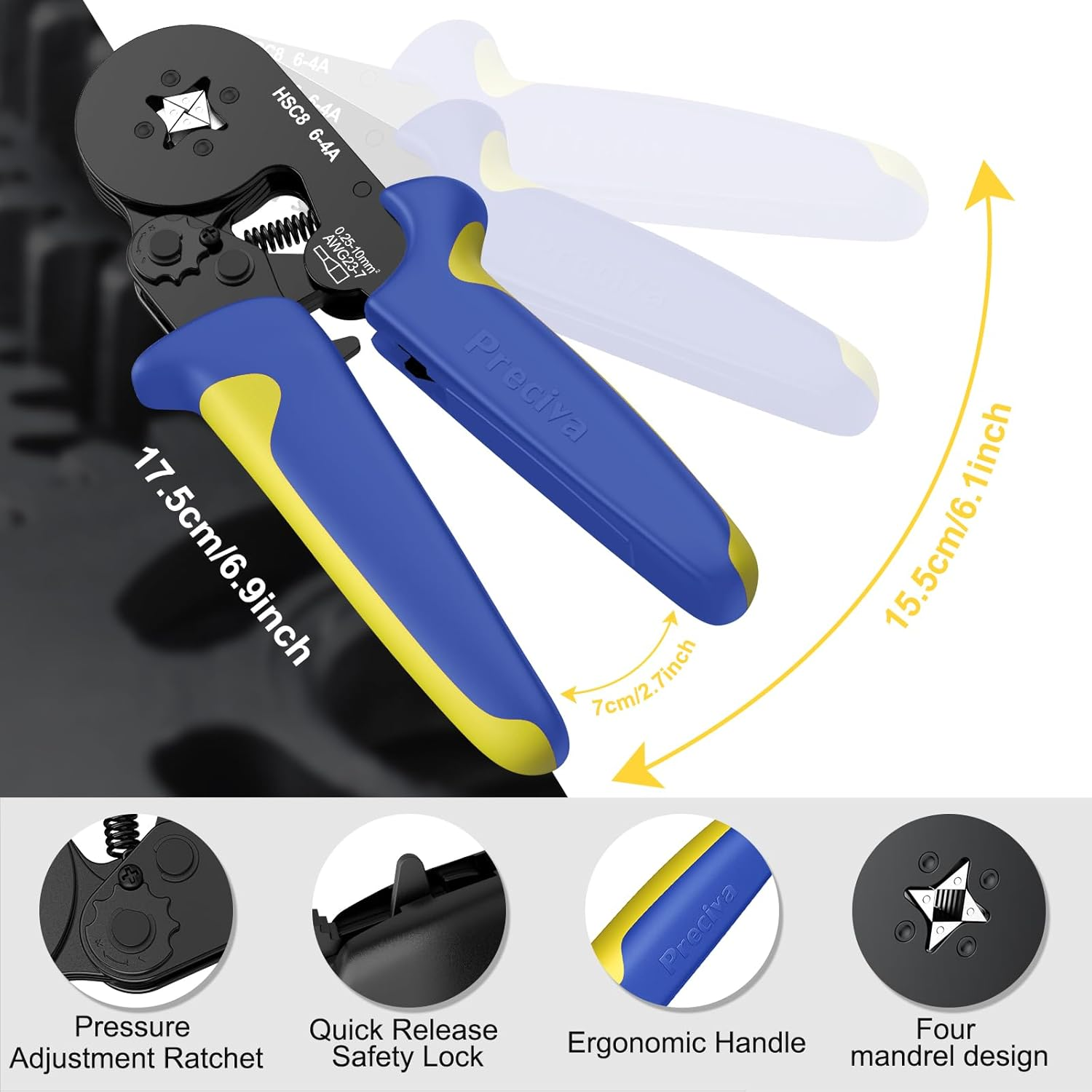 Preciva Ferrule Crimping Tool Kit with 2000PCS Wire Connectors, AWG23-7 Self-Adjustable Ratchet Wire Crimping Tool Kit Crimper Plier Set (Blue) image number 2