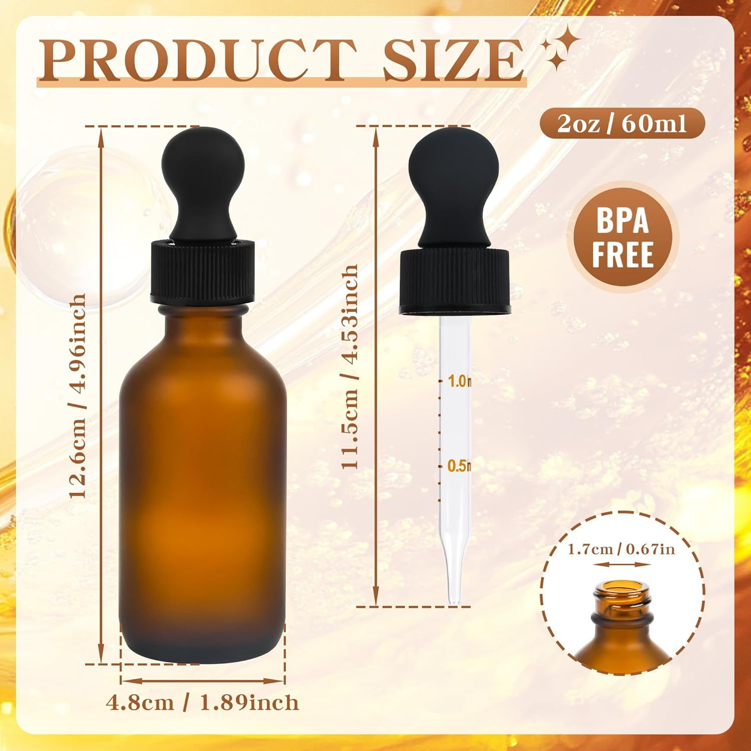 12 Pack Frosted Amber Dropper Bottles, 2Oz/60Ml Glass Tincture Bottles with Measured Eye Dropper, Leak Proof Travel Bottles for Essential Oils/Chemistry Lab Chemicals/Colognes & Perfumes image number 6