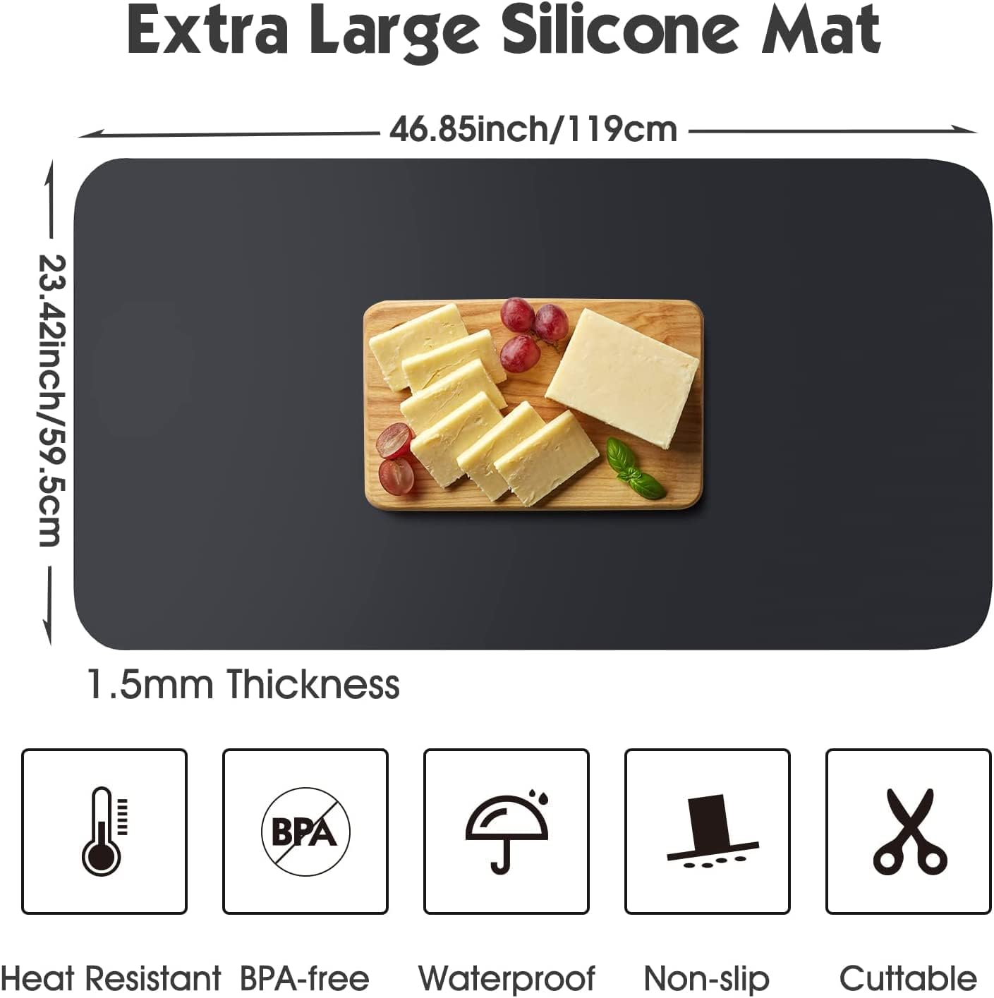 Silicone Mats for Kitchen Counter, 46.8''X23.2'' Large Heat Resistant Mat, Countertop Protector | Placemat | Craft Mat | Baking Mat - Heavy Duty, Waterproof, No Creases, No Odor (Grey) (Black) image number 1