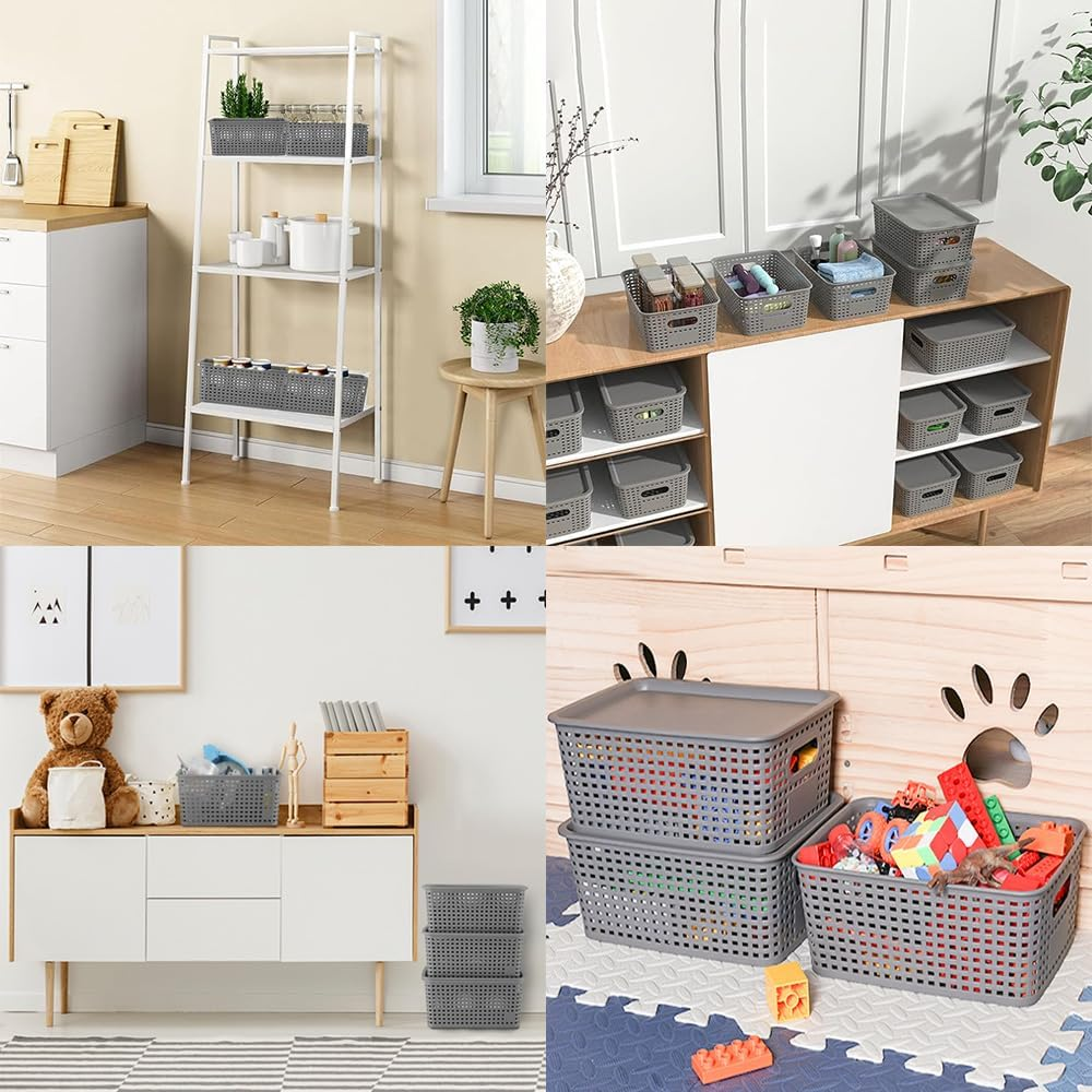 SHENMAIDAY 12-Pack Plastic Storage Baskets, Storage Boxes with Lids, Food Storage, Stackable Storage Boxes, Home Organizers for Shelves Drawers Desktop Closets, Gray image number 2