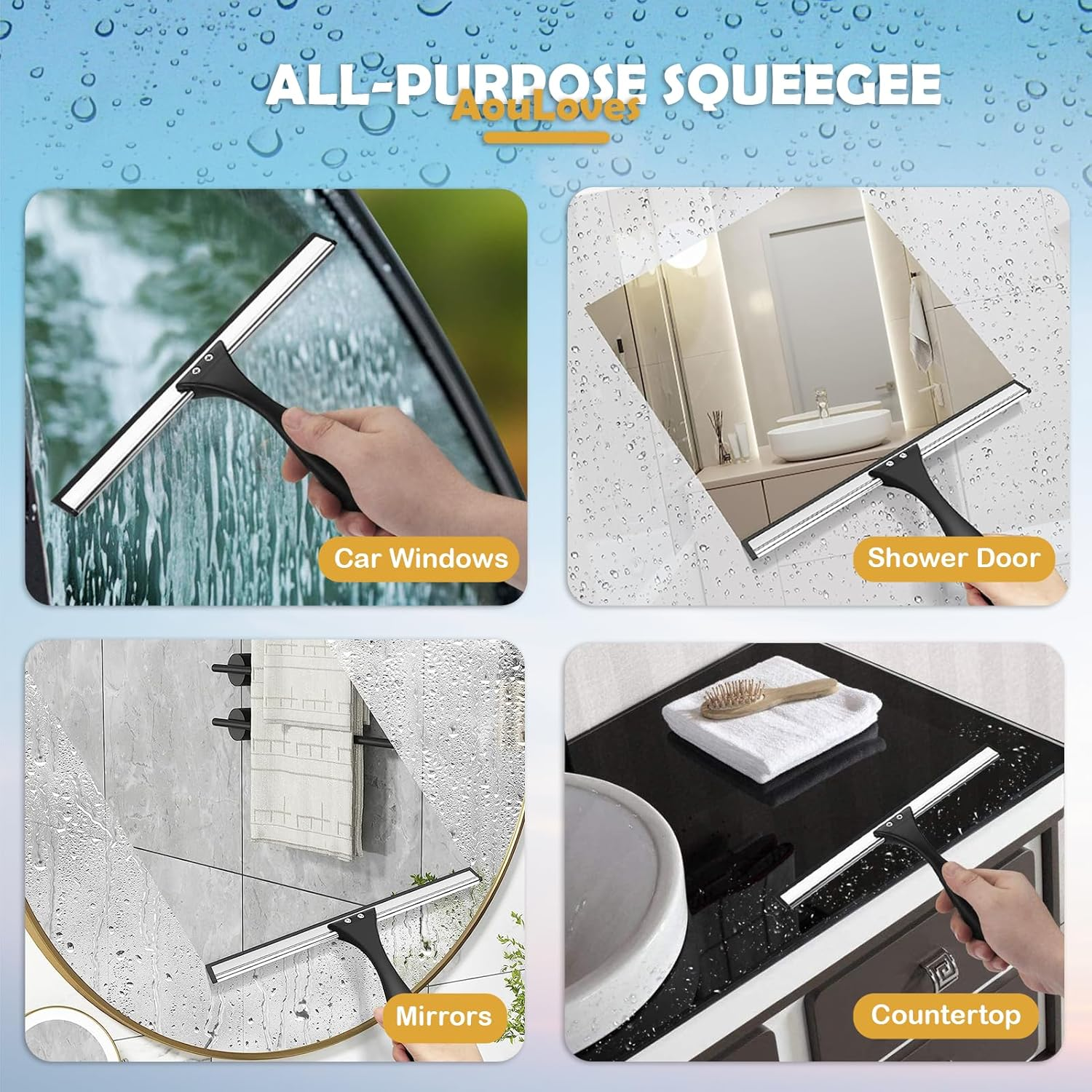 Aouloves Shower Squeegee for Bathroom Glass Doors,Rubber Window Cleaner Squeegee,All-Purpose with Hook Doors, Windows, Mirrors,Tiles and Car Glass, 10 Inches (10-Inch, Black) 10In