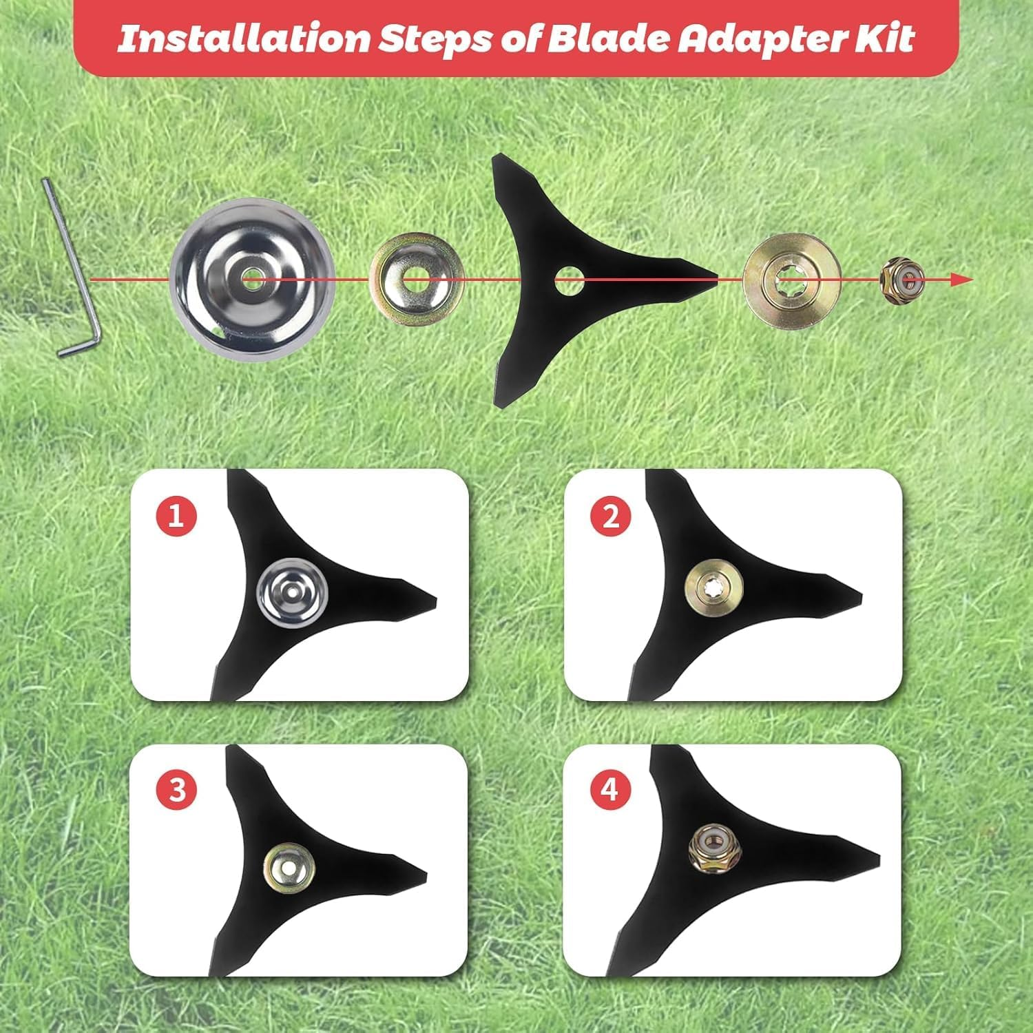 2 Set Carbon Steel Trimmer Blades with Adapter Kits,10" X 3 Teeth Brush Cutter Blades, Compatible with Hus-Qvarna, Stih-L, Ore-Gon, Hita-Chi Brush Cutter, Weedwacker,Weed Eater Replacement Blades image number 2