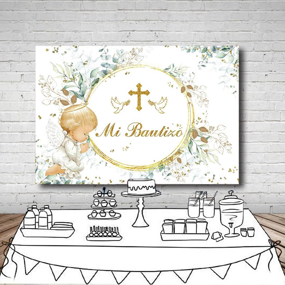 MEHOFOND 2.1 X 1.5 M Children'S Christening Background Angel Baby My Communion Cross Photography Background Dove Communion Church Christening Party Decoration Banner Studio Supplies image number 5