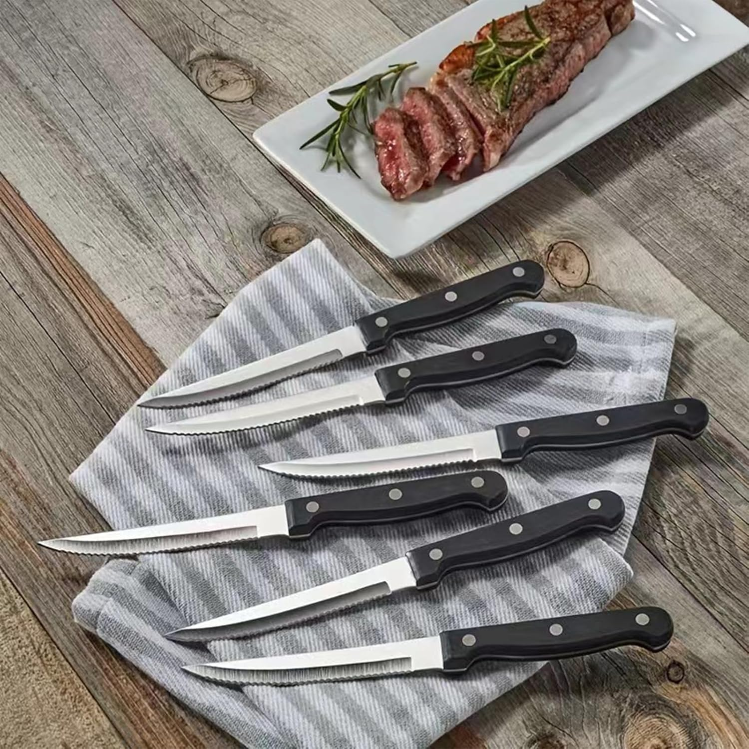 Steak Knives Serrated Set of 6, Stainless Steel Steak Knife Set, Restaurant Quality, Stainless Steel, 4.25-Inch, Sharp Tip (Elegant Black)