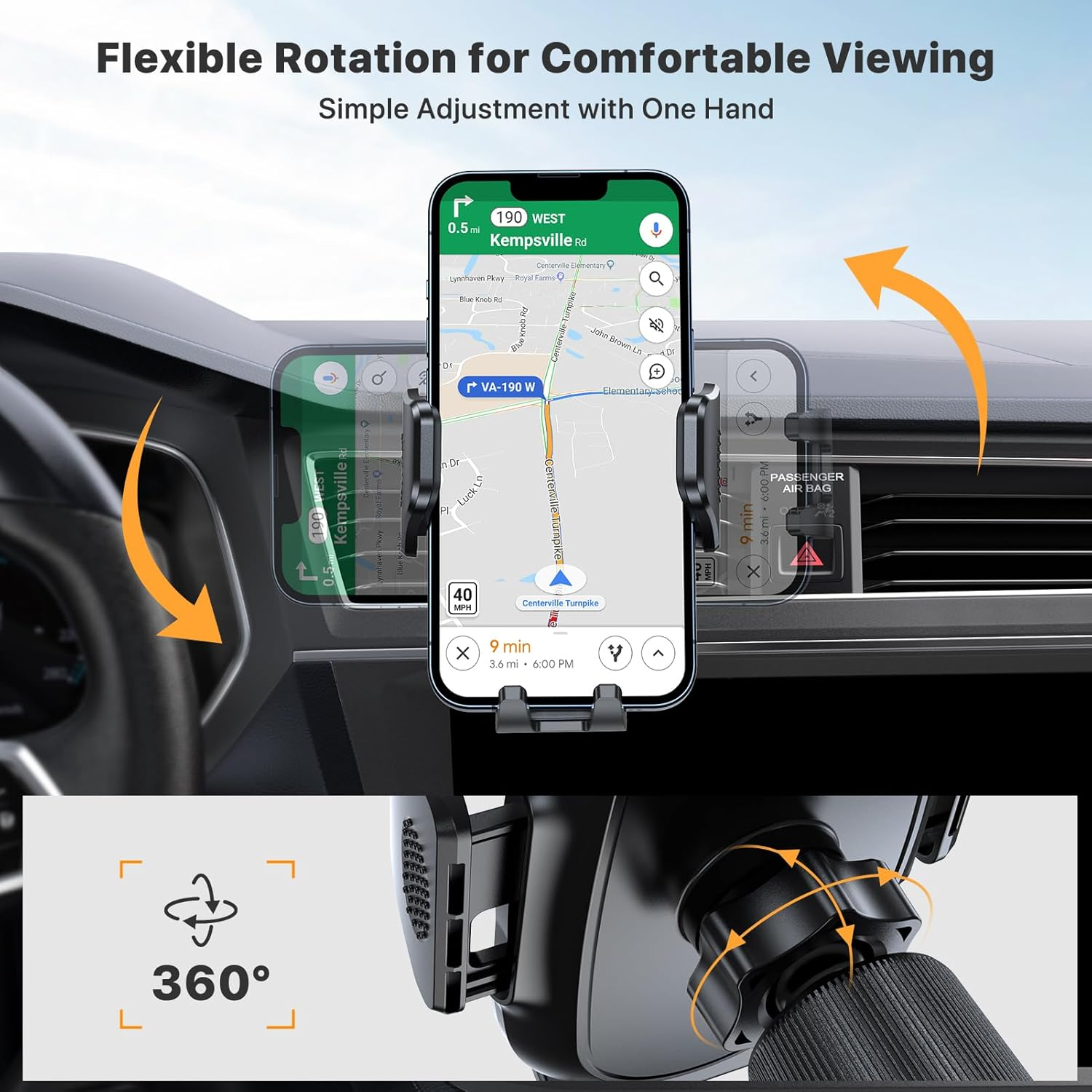 Miracase 2025 Car Phone Holder, Stable Double Steel-Hook Air Vent Car Phone Mount Cradle 360&deg;Rotation, One Button Release Mobile Phone Holder for Iphone, Galaxy, All 4.0''-7'' Smartphones