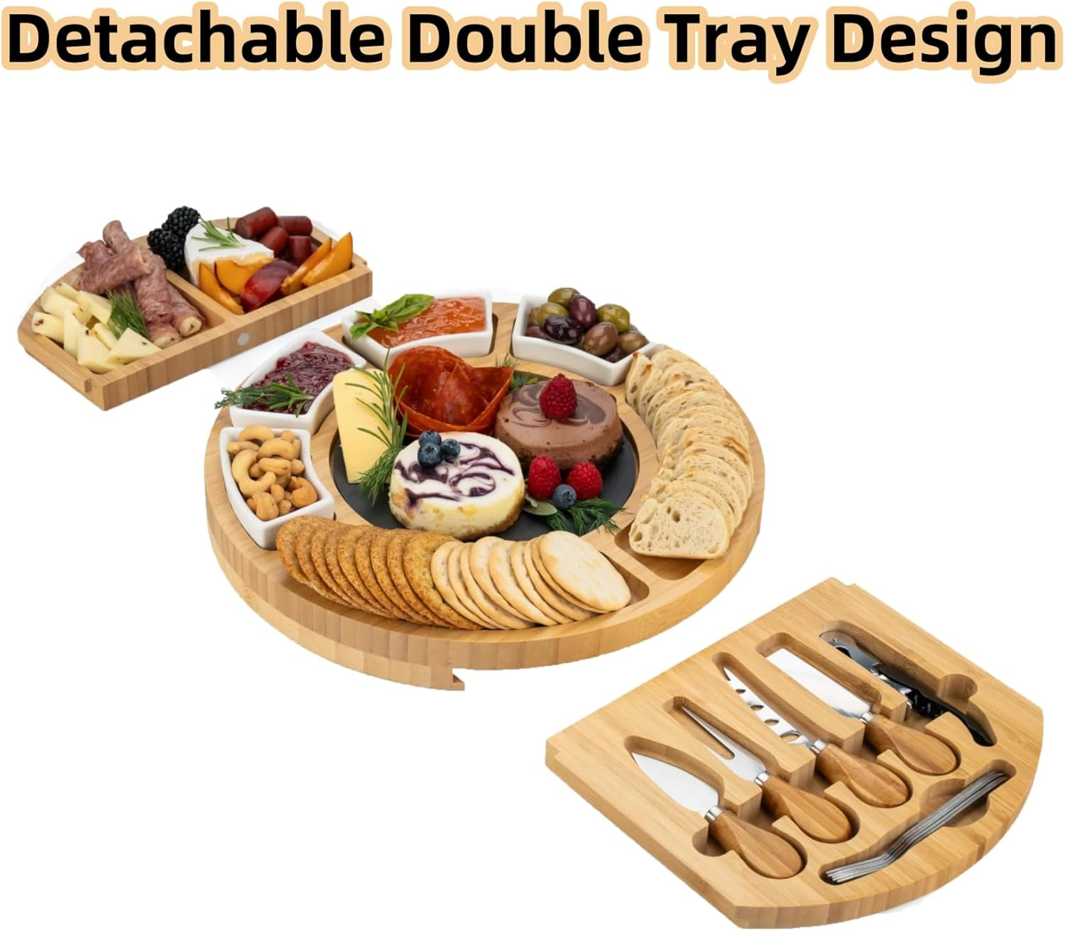 FORYUSE Cheese Board with Knife Set Bamboo Charcuterie Boards with Serving Platter Tray for New Home Gift, Wedding, Birthday, Family Party, Christmas image number 1
