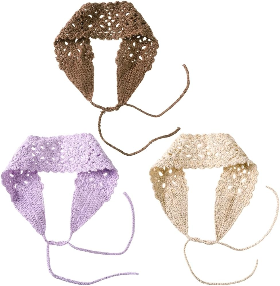 CABODYALS Pack of 3 3 Colours Bandana Headbands Purple Beige Khaki Crochet Boho Hair Scarf Head Wrap Vintage Lace Hollow Polyester Headscarves for Women Bridal Wedding Party Styling Dress Accessories image number 3