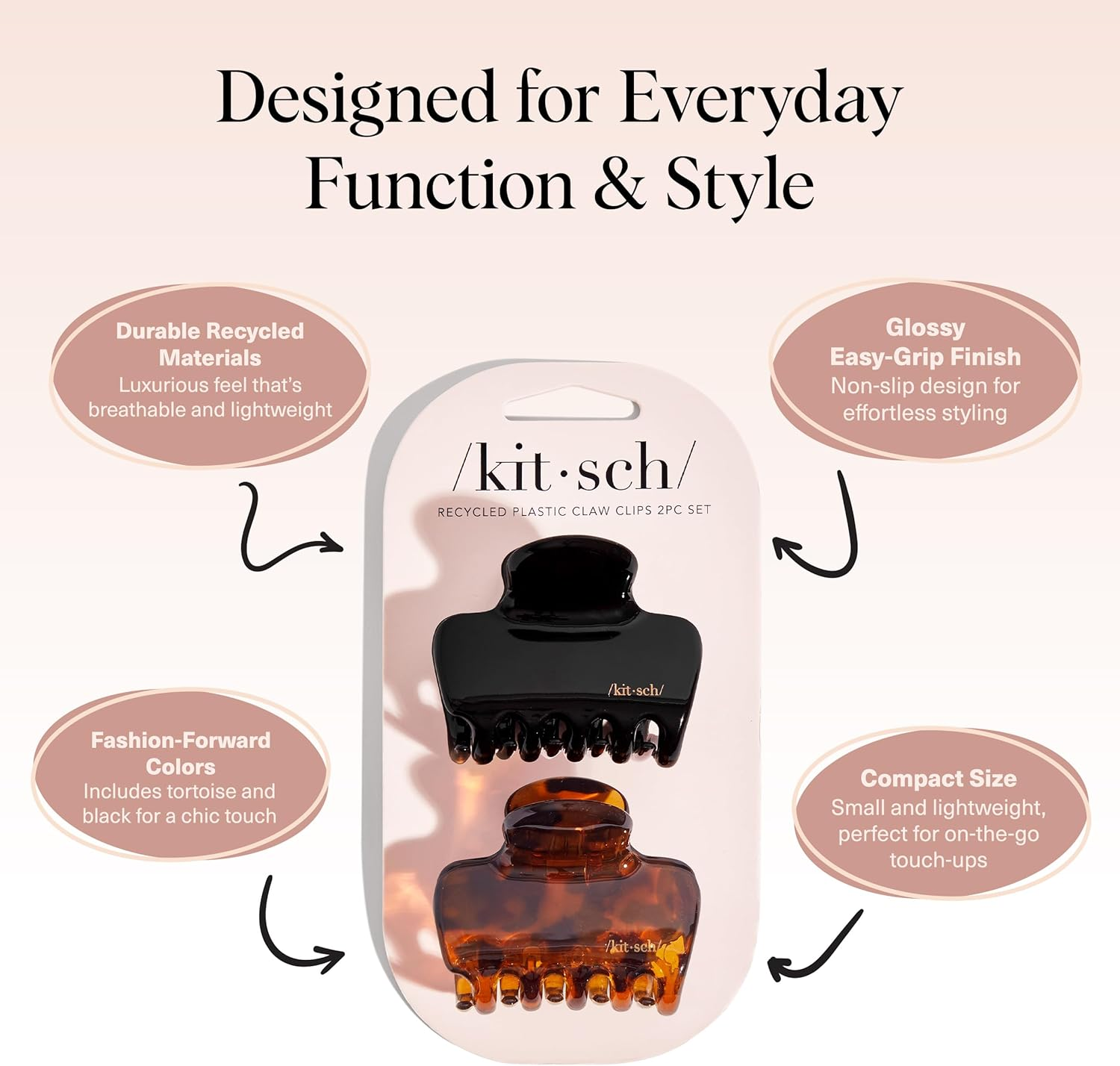 Kitsch Medium Claw Clips for Women - Strong Hold & Stylish Glossy Puffy Design Hair Accessories | Ideal for Girls and Women with Thick & Thin Hair, Half-Up or Full Updos - 2Pc Set, Black & Tort image number 1