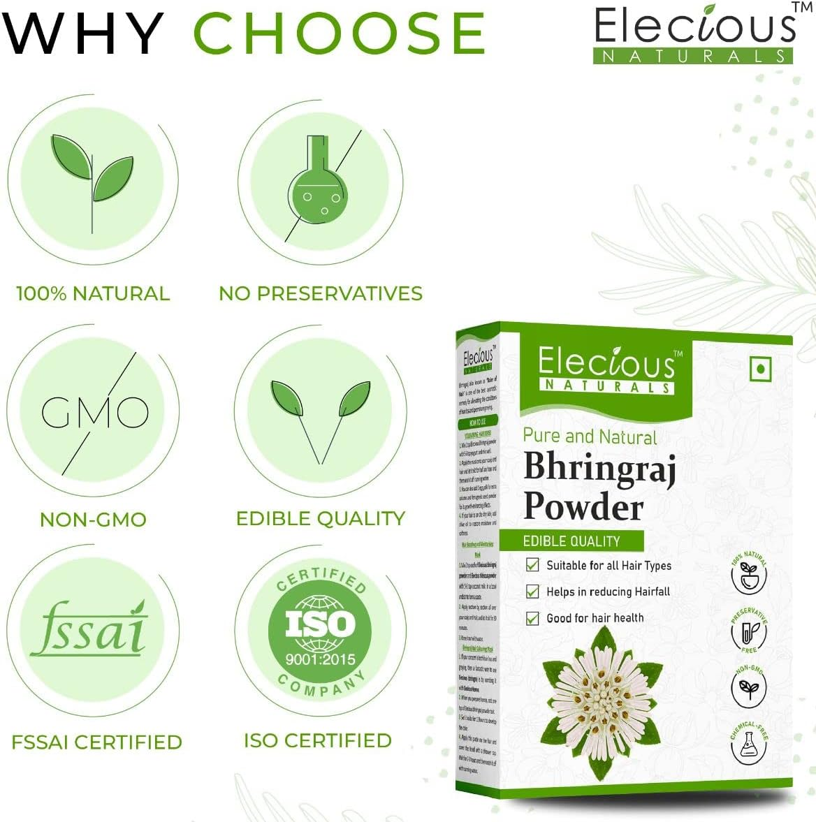 Elecious Bhringraj Powder for Hair Growth (200 Grams) | Edible | Good for Hair Pack, Hair Oil and Oral Consumption | Preservative Free image number 1