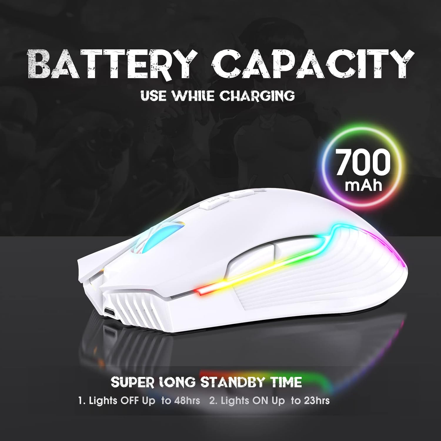 PHNIXGAM RGB Gaming Mouse, Ergonomic Design, Adjustable DPI, Compatible with Windows, Mac (White Wireless) image number 4