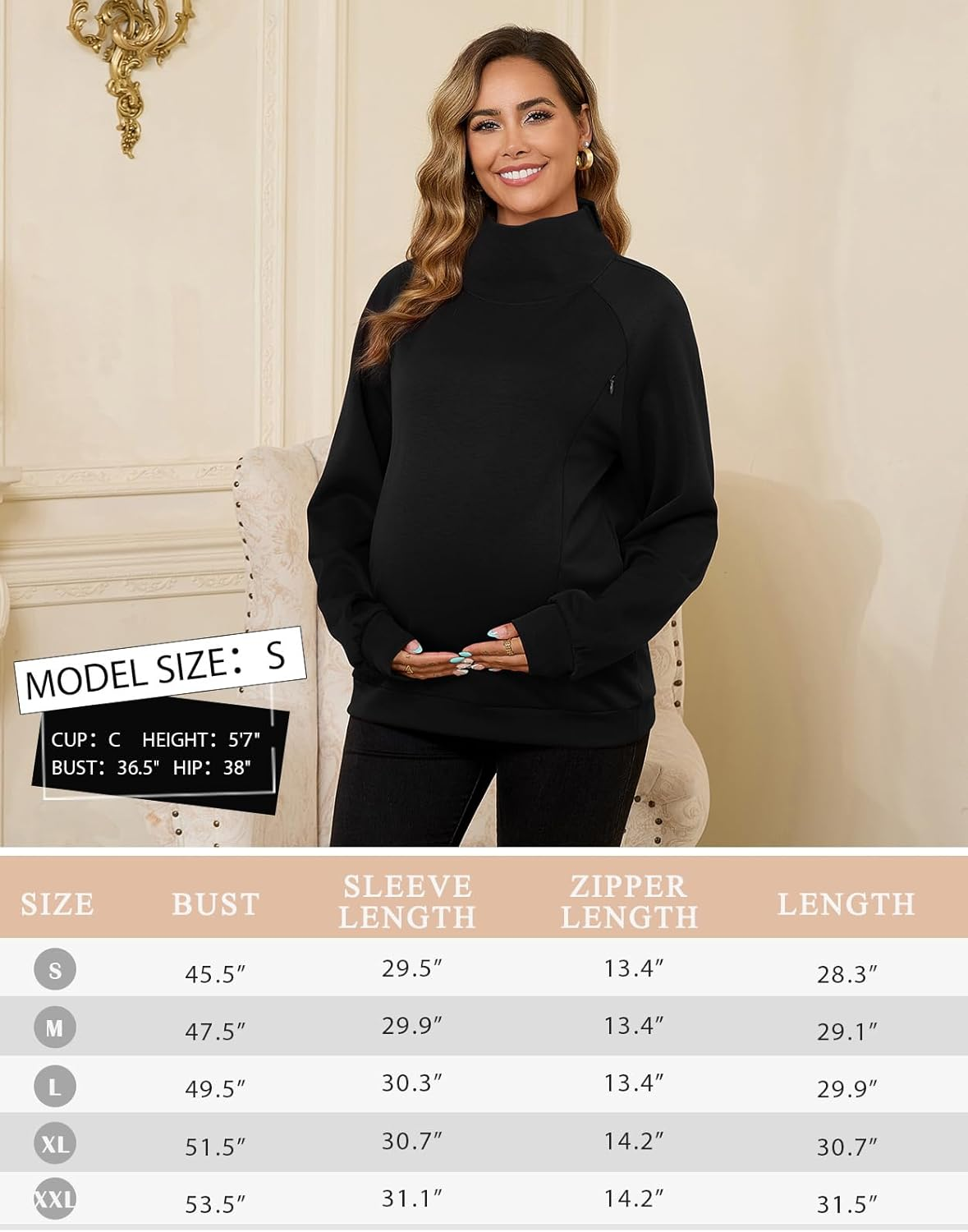 Bhome Nursing Sweatshirt for Breastfeeding High Neck Long Sleeve Nursing Shirt Zipper Maternity Pumping Top Pullover image number 4