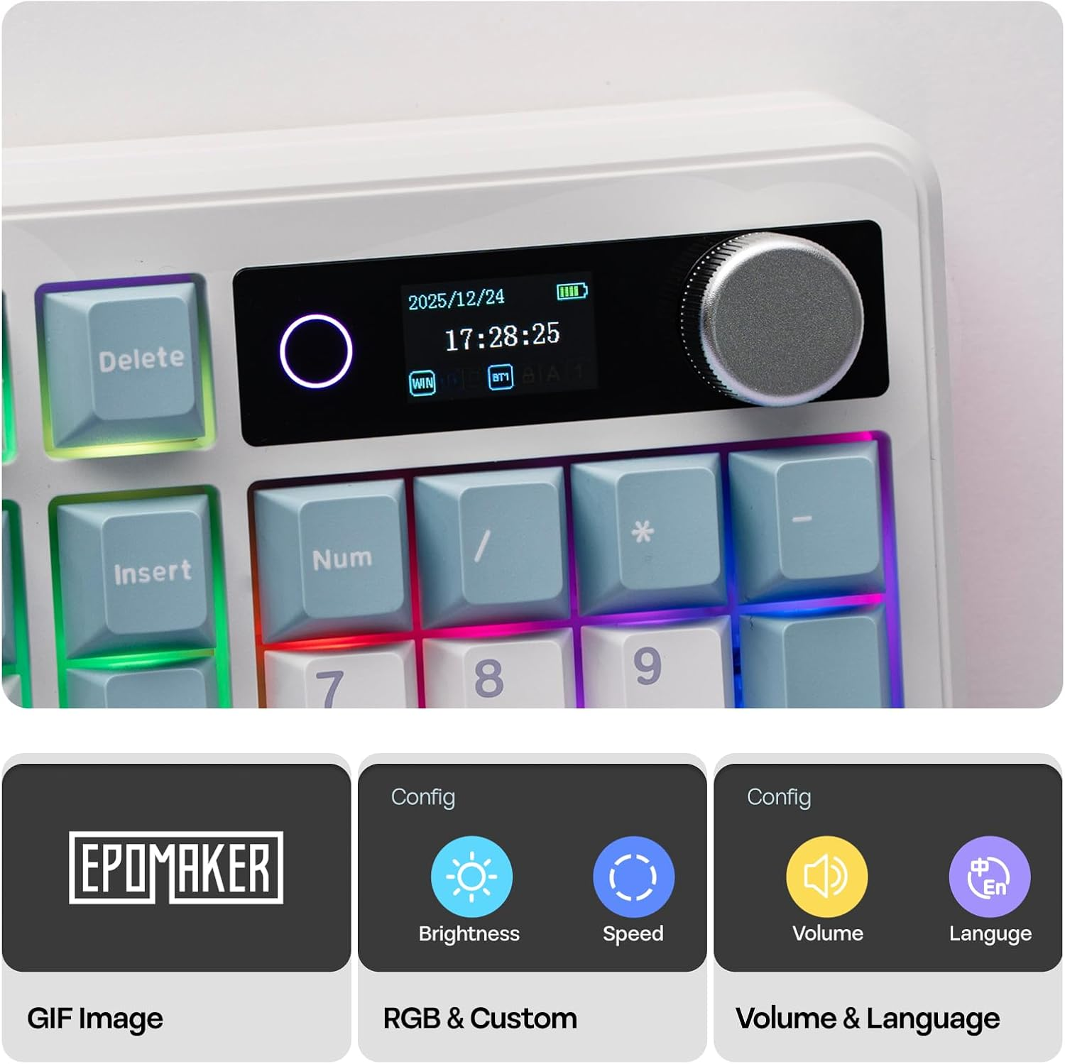 EPOMAKER TH99 PRO 96% Mechanical Keyboard with Screen & Knob, 10000Mah, 2.4Ghz/Bt, Hot Swap, Custom Driver, RGB Backlight, PBT Keycap, Wireless Gaming Keyboard for Pc/Mac (Blue&White, Sea Salt Silent) image number 6