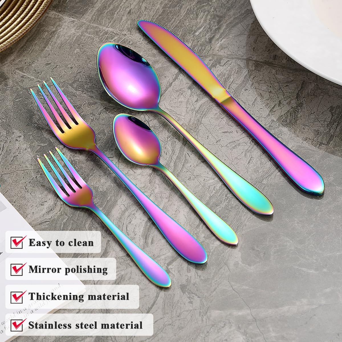 Reanea Cutlery Set 30 Pieces for 6 People Rainbow Cutlery Titanium Cutlery Set Includes Knives, Spoons, Forks, Teaspoons, Salad Forks, Salad Forks, Dishwasher Safe image number 5
