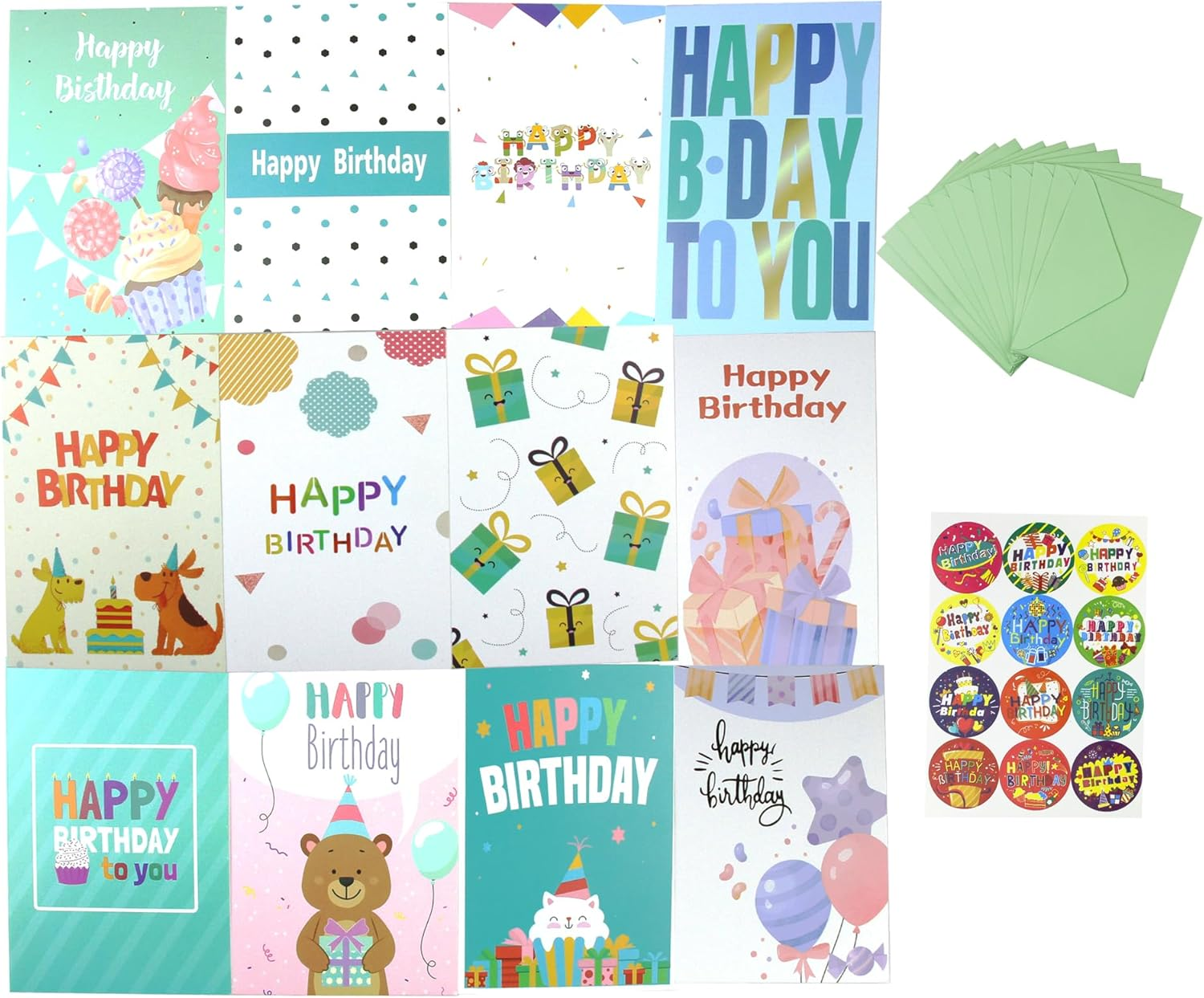 Birthday Cards, 12PCS 4X6 Inches Happy Birthday Card, Blank Happy Birthday Cards with Envelops and Sticker for Family Kids, Friends, Work & Office Celebrations image number 4