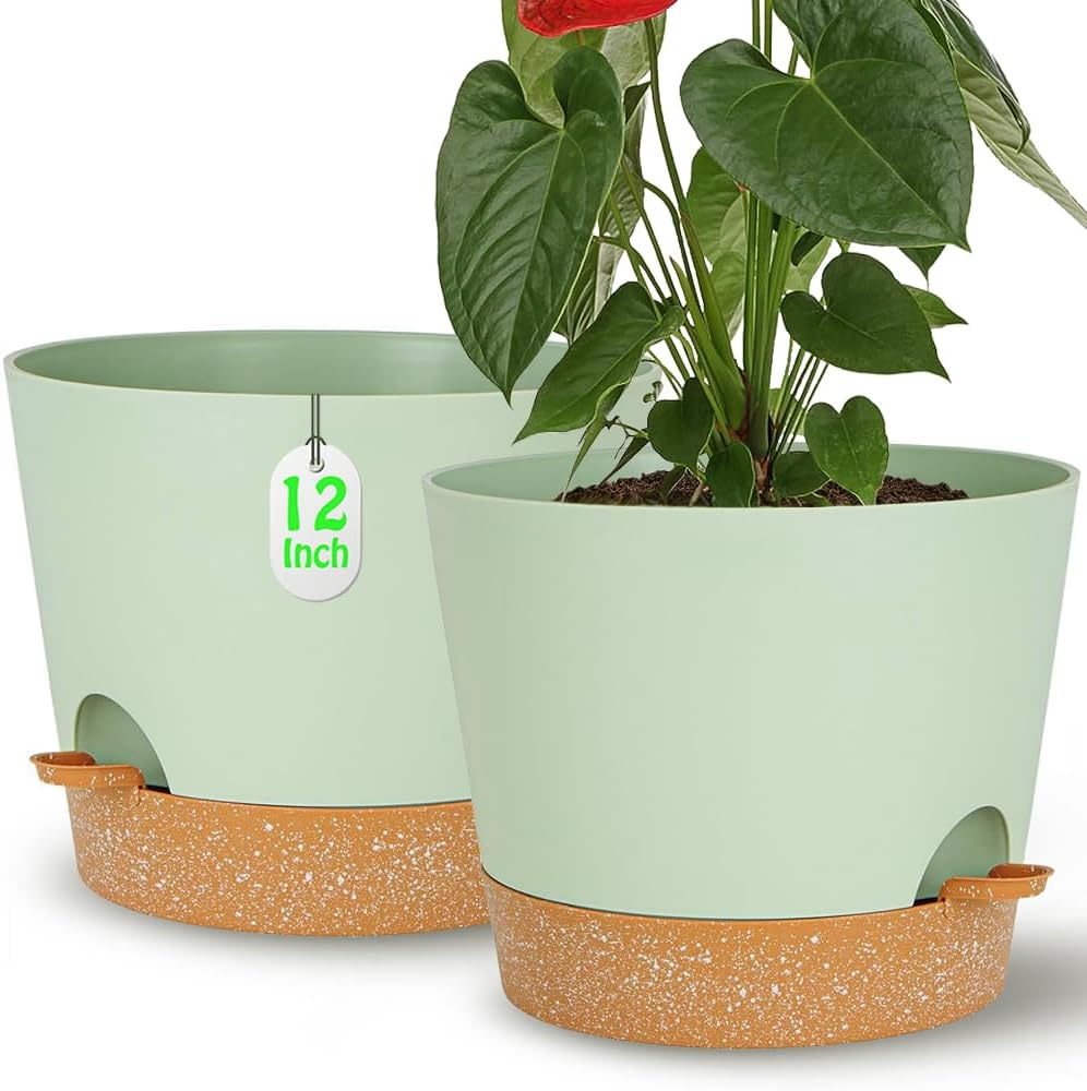 12Inch/2Pcs Self Watering Green Plastic Plant Pot Flower Planters with Drainage Hole and Deep Reservoir Large Planting Pots for for All Houseplants,Succulent, African Violets, Flowers and Cactus image number 4