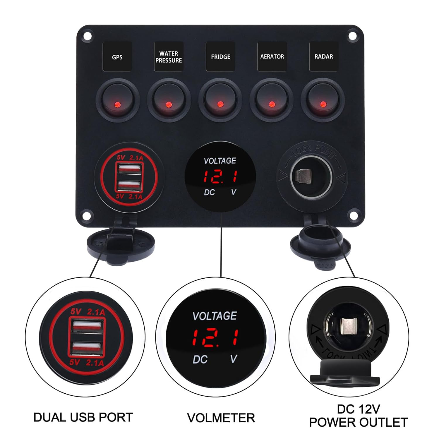 Boat 5 Gang Rocker Switch Panel for Car Rv Truck Marine Toggle Switches Waterproof 12V RED LED Aluminum Socket Panel with 4.2A Dual USB Charger + Cigarette Lighter + Voltmeter (5Gang RED) image number 6