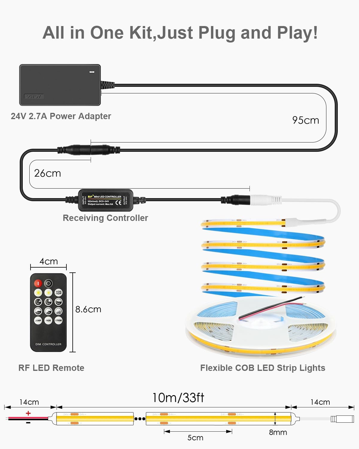 ALITOVE 10M COB LED Strip Lights Kit with Dimmer and Power Adapter Warm White 3000K Uniform Glow 320Leds/M LED Tape Light Flexible LED Lights for Bedroom Home Cabinet Indoor Decoration(Au Plug)