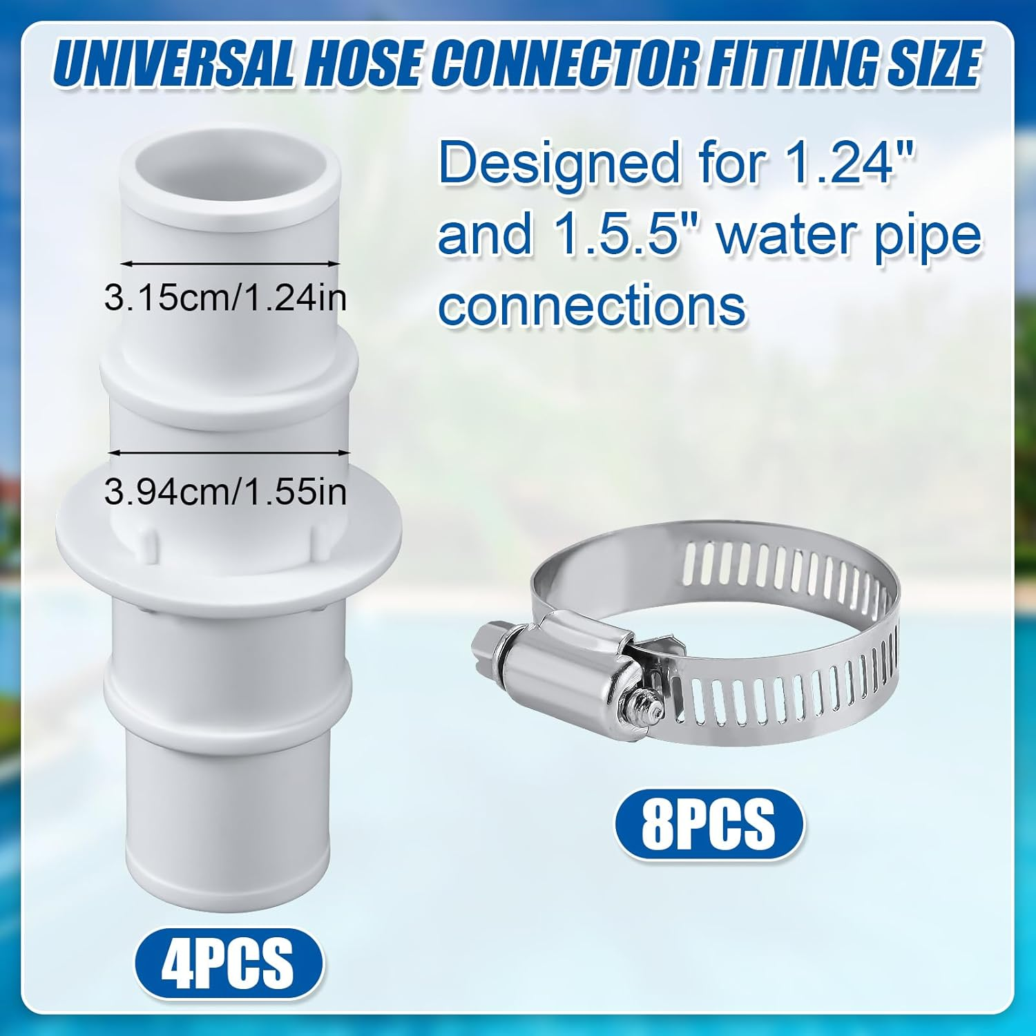 4Pcs Pool Hose Connector, 1-1/4" or 1-1/2" Hose Connector Coupling Fittings with 8Pcs Hose Clamps for Swimming Pool Vacuum Cleaners Filter Pump Hoses For/Polygroup/Intex Brand image number 3