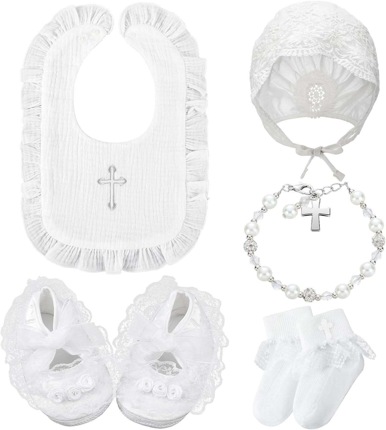 5 Pcs Christening Bib for Baby Girl White Baptism Bib Christening Socks Shoes Baby Bonnet Lace Hat Cross Charm Bracelet Baptism Outfits for Toddler Infant First Communion Gift, White image number 6