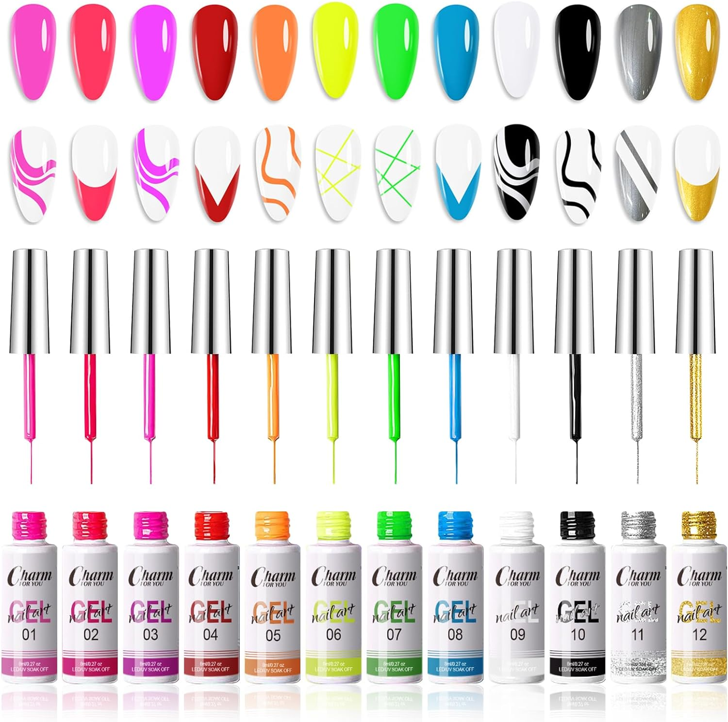 VERONNI Gel Liner Nail Art Gel Nail Polish Painted Set，12 Color Black Pink White Gel Polish Painting Liner Gel Nail Art Painting Gel Pen Soak off Manicure Salon DIY at Home image number 5