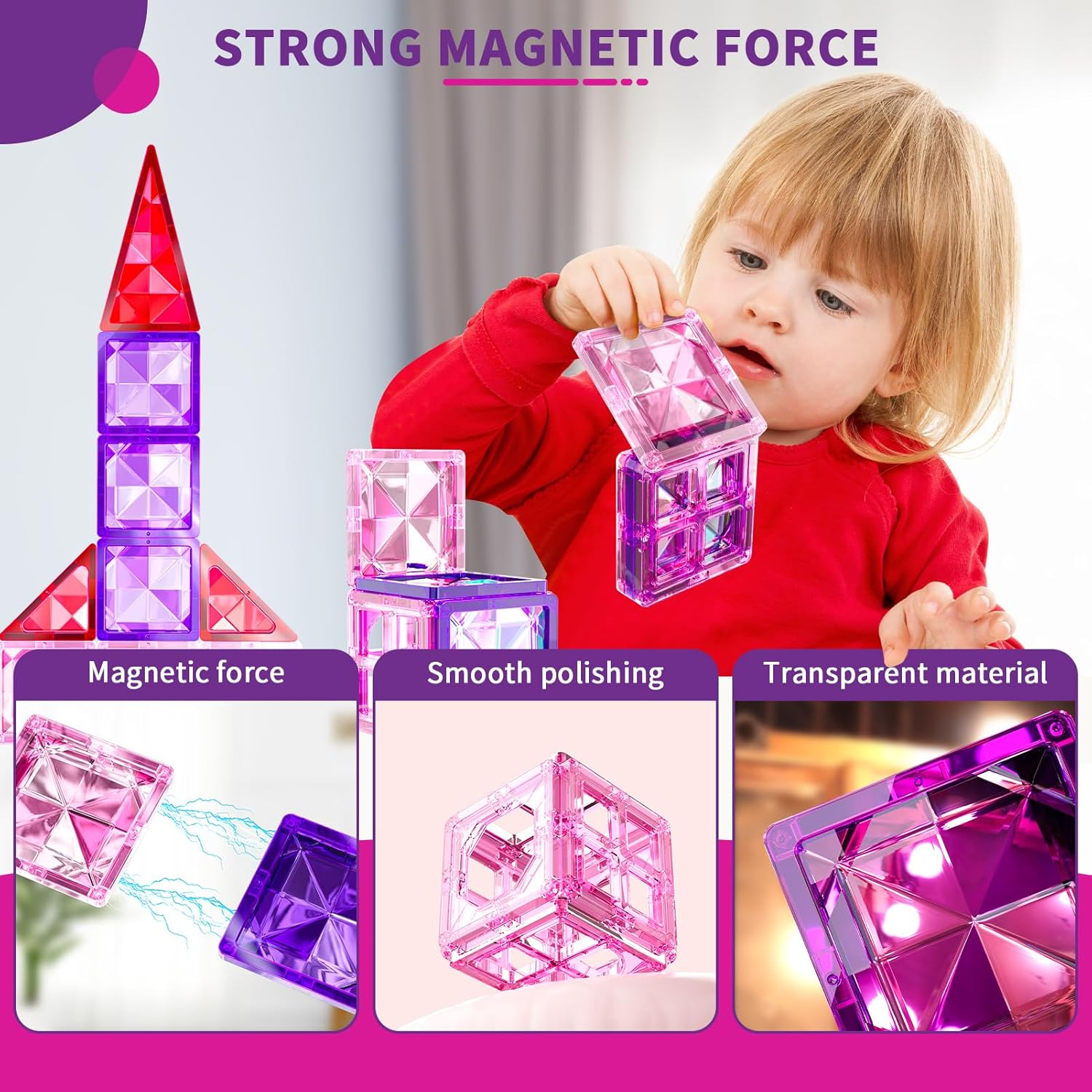 Magnetic Building Tiles Toys for 3 4 5 6 Year Old Girls, Building Educational Stem Toys for Girls Toddlers Kids Ages 1-3 3-5 image number 1