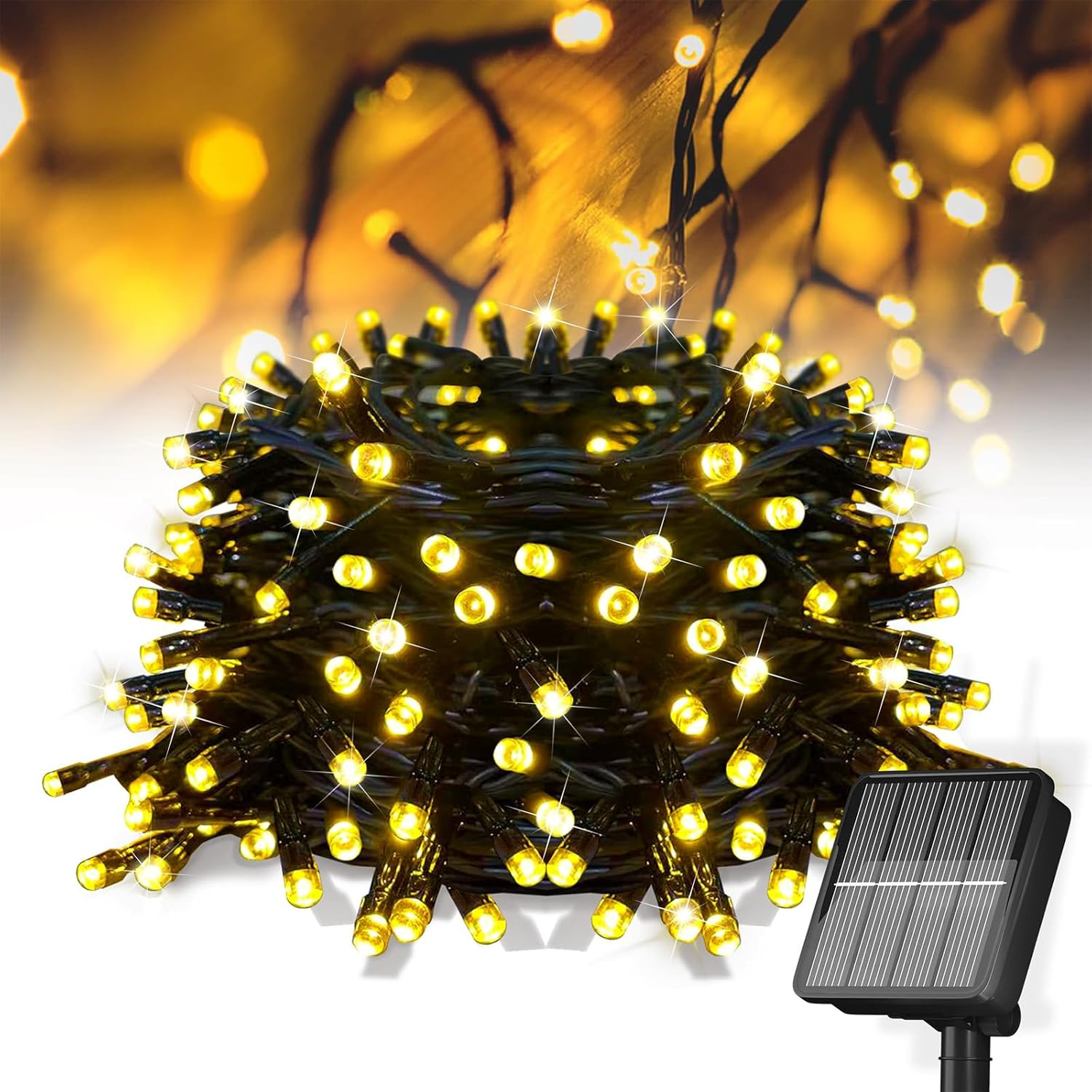 Bongu Solar Christmas Lights, 12M 100LED 8 Modes Waterproof Solar String Outdoor Lights, Fairy Lights for Christmas Tree outside Bedroom Decorations (Warm White)