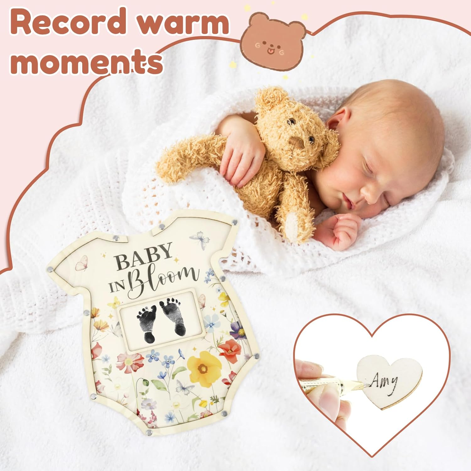 Wood Baby Shower Guest Book Record Growth Baby Shower Picture Frame with Stand and Pen Guest Book Alternative for Party image number 3