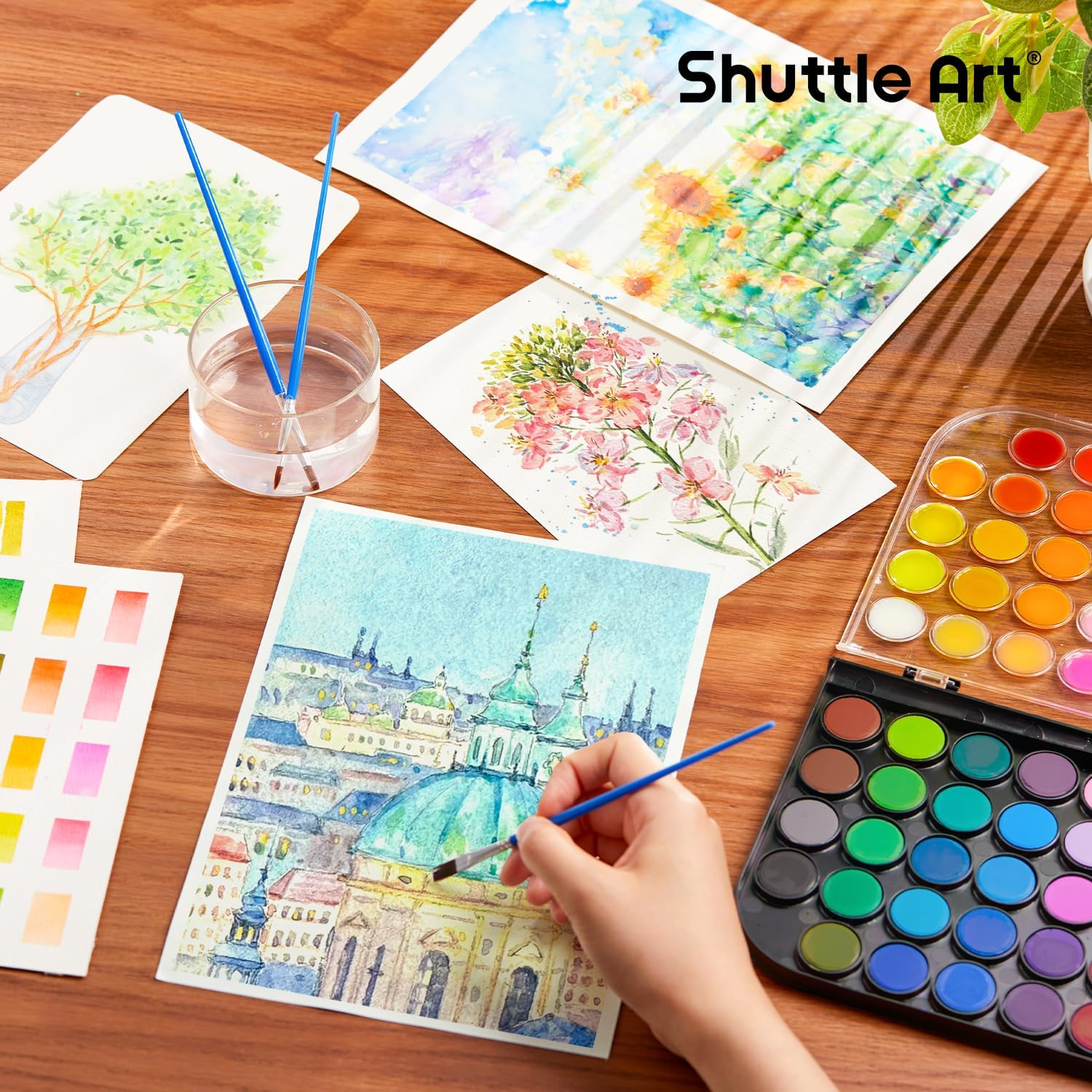 Shuttle Art 48 Colours Watercolour Paints, Watercolour Paint Set with 3 Paint Brushes Easy to Blend Colors, Non-Toxic Perfect for Kids Adults Beginners Artist Watercolour Painting image number 6