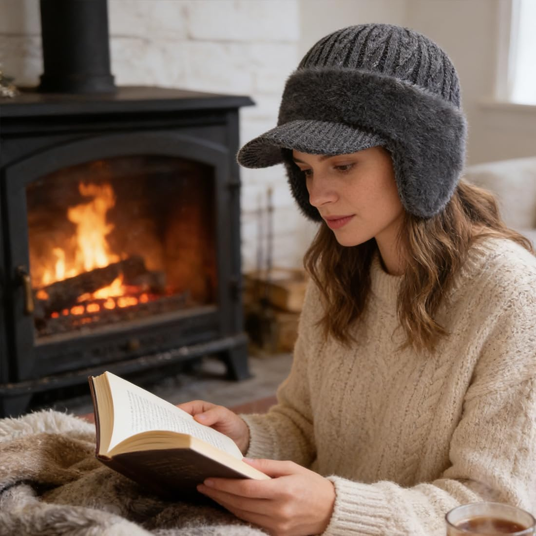 Blocking Knitted Hats with Ear Flaps and Wool Brim, Winter Fleece Lined Warm Baseball Beanie Knit Hat for Men&Women - 2Pcs-A image number 2