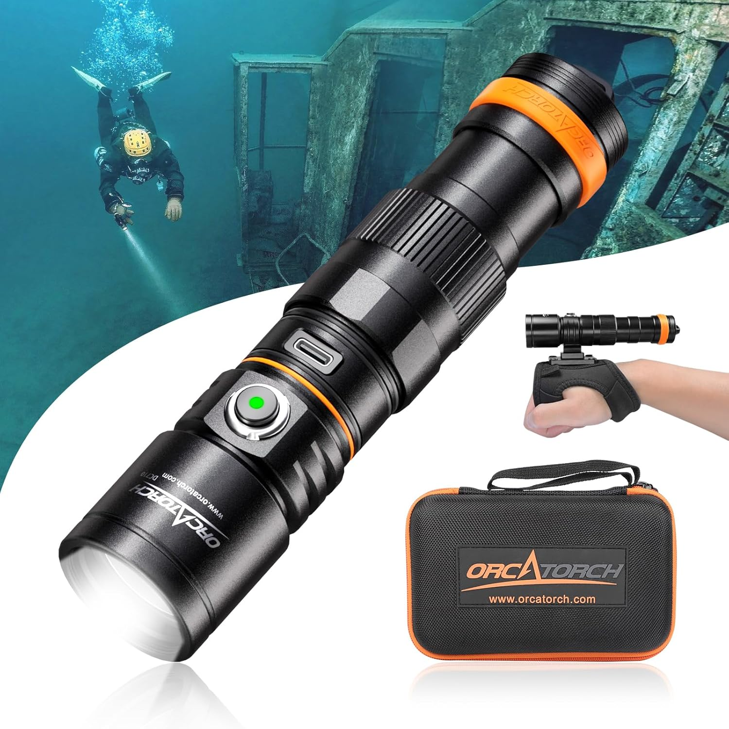 ORCATORCH DC710 Scuba Dive Light Type C Rechargeable, 3000 Lumens Super Bright Underwater Flashlight, IP68 Waterproof Submersible Torch with WS02 Wrist Strap Mount for Hands-Free Diving image number 1