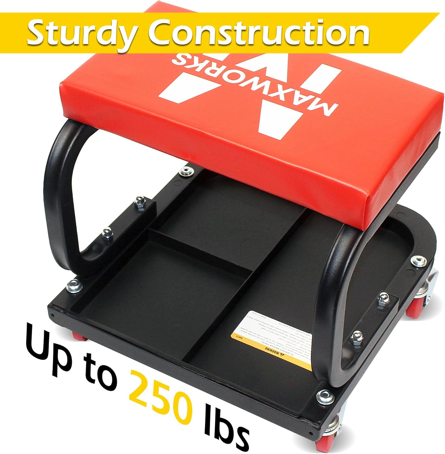 Maxworks 50875 Mechanics Roller Seat, 250 LBS Capacity Padded Rolling Workshop Stool with Tool Tray Storage for Garage, Shop, Auto Repair image number 5