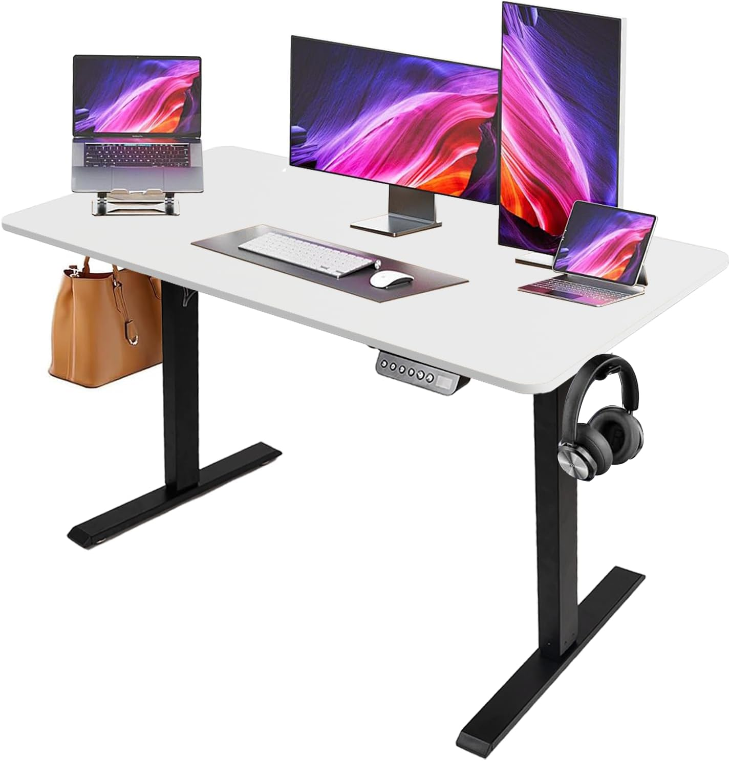 Electric Standing Desk - Motorized Height Adjustable Sit Stand Table with Touch Control Panel, Cable Management, and Headphone Hook - Ideal for Home Office (Black Frame+120Cm Brown Top)