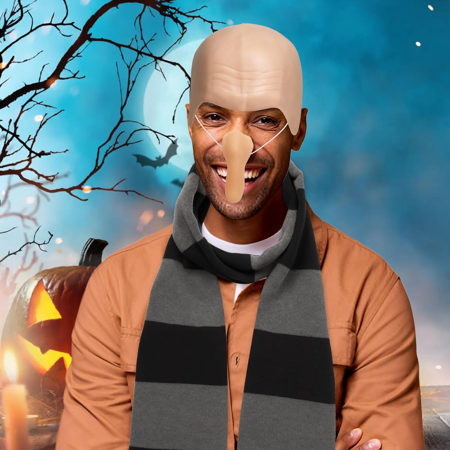 CFKEMZY 5 Pcs Halloween Costume Accessories Set for Adults - Extra Thick & Long Black Gray Striped Scarf, Fake Nose, Longer Latex Bald Cap Wig image number 6