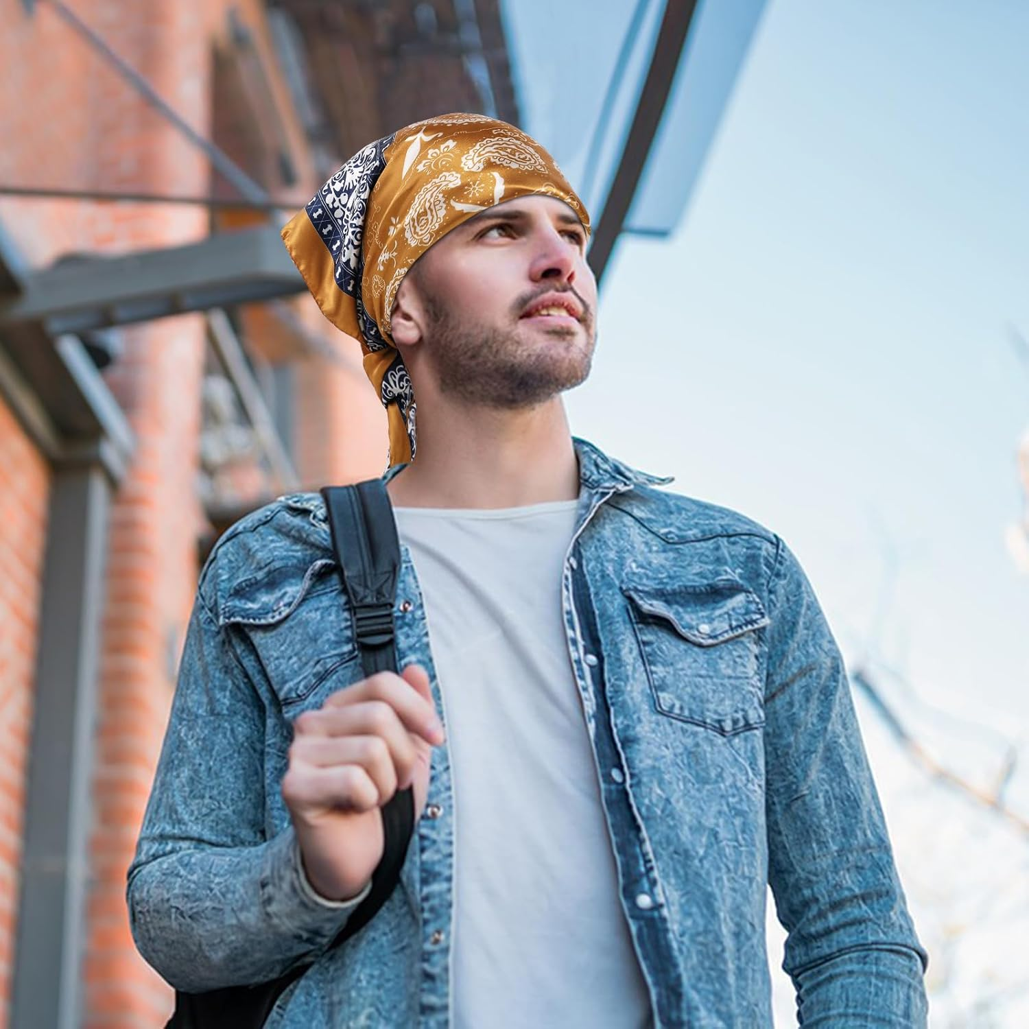 GERINLY 35 Inch Wild Rag Cowboy Scarves for Men, Large Rancher Neckerchief Silk Feel, Oversize Western Bandana - Blue image number 3