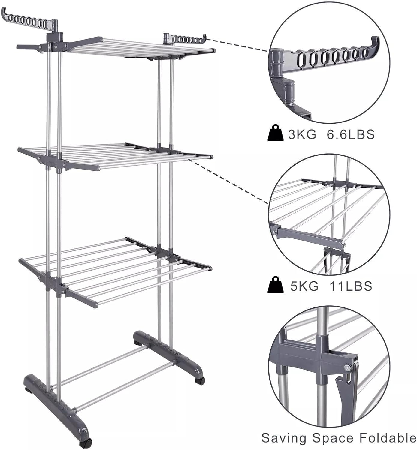 Clothes Drying Rack，4-Tier Laundry Rack，It Can Move Dryer Stand，Foldable Clothes Airer Drying Rack，Portable Clothes Rack with 4 Castors，For Drying Clothes, Clothes, Towels Indoors and Outdoors image number 4