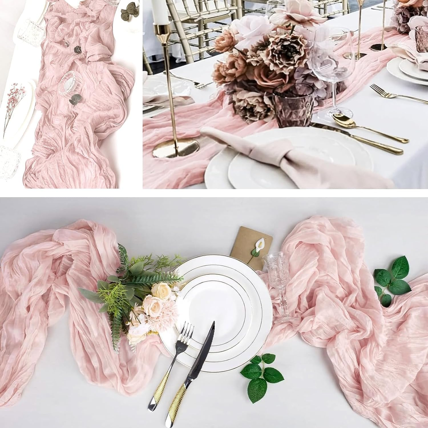 3 Piece 10Ft Cheesecloth Table Runner, Table Decor Romantic Wedding Runner Gauze Table Runner for Baby Shower Bridal Shower Wedding Birthday Party Table Decor (Pink, 4 Pcs-10Ft) image number 2