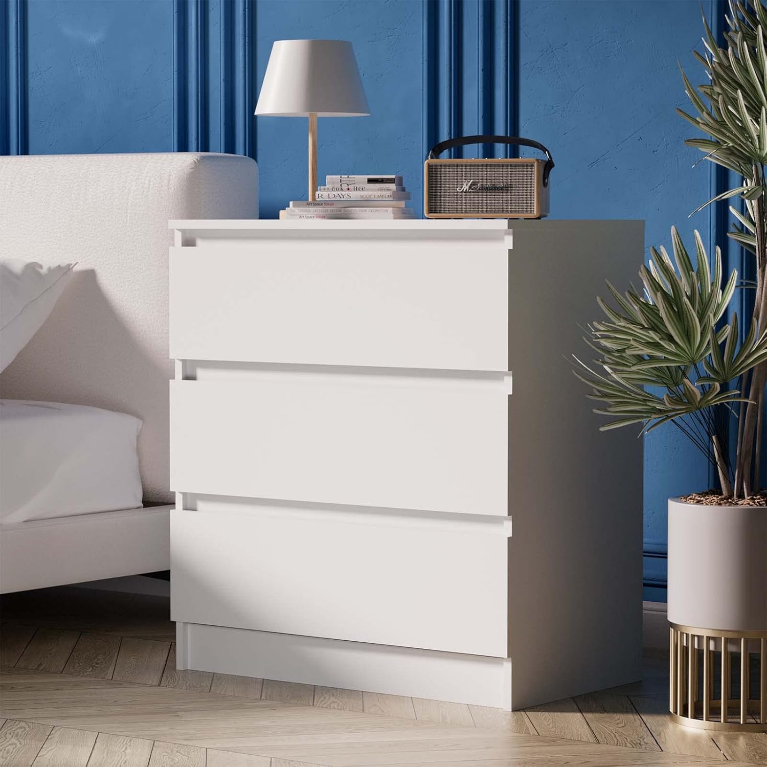 Ufurniture Bedside Table 3 Drawers Side Table Nightstand for Bedroom Living Room White