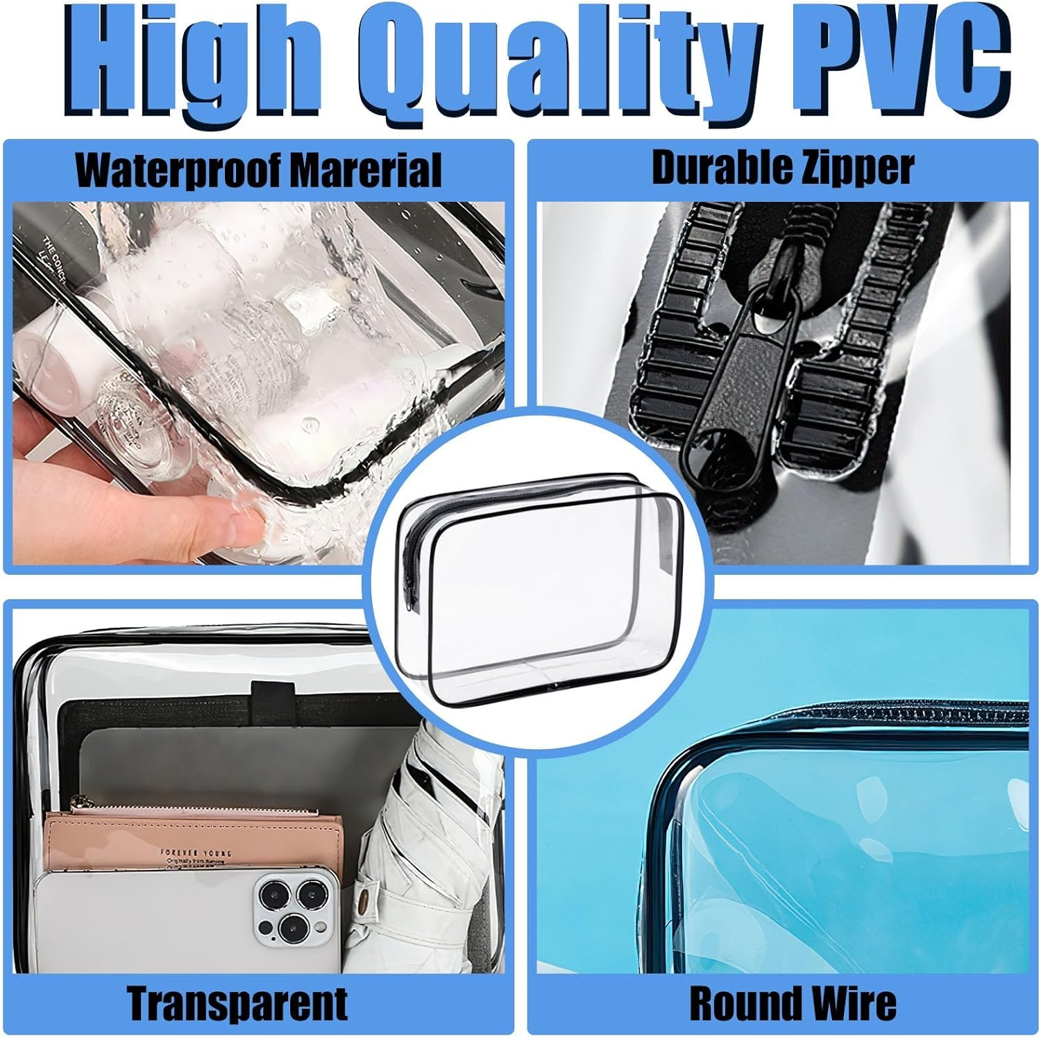 QAUARUMSUN 3Pcs Clear Cosmetic Bag Transparent Makeup Bag for Women Men Waterproof Travel Makeup Clear Toiletry Organizer Cosmetic Storage Pouch Case with Zipper, Convenient(Black) image number 5