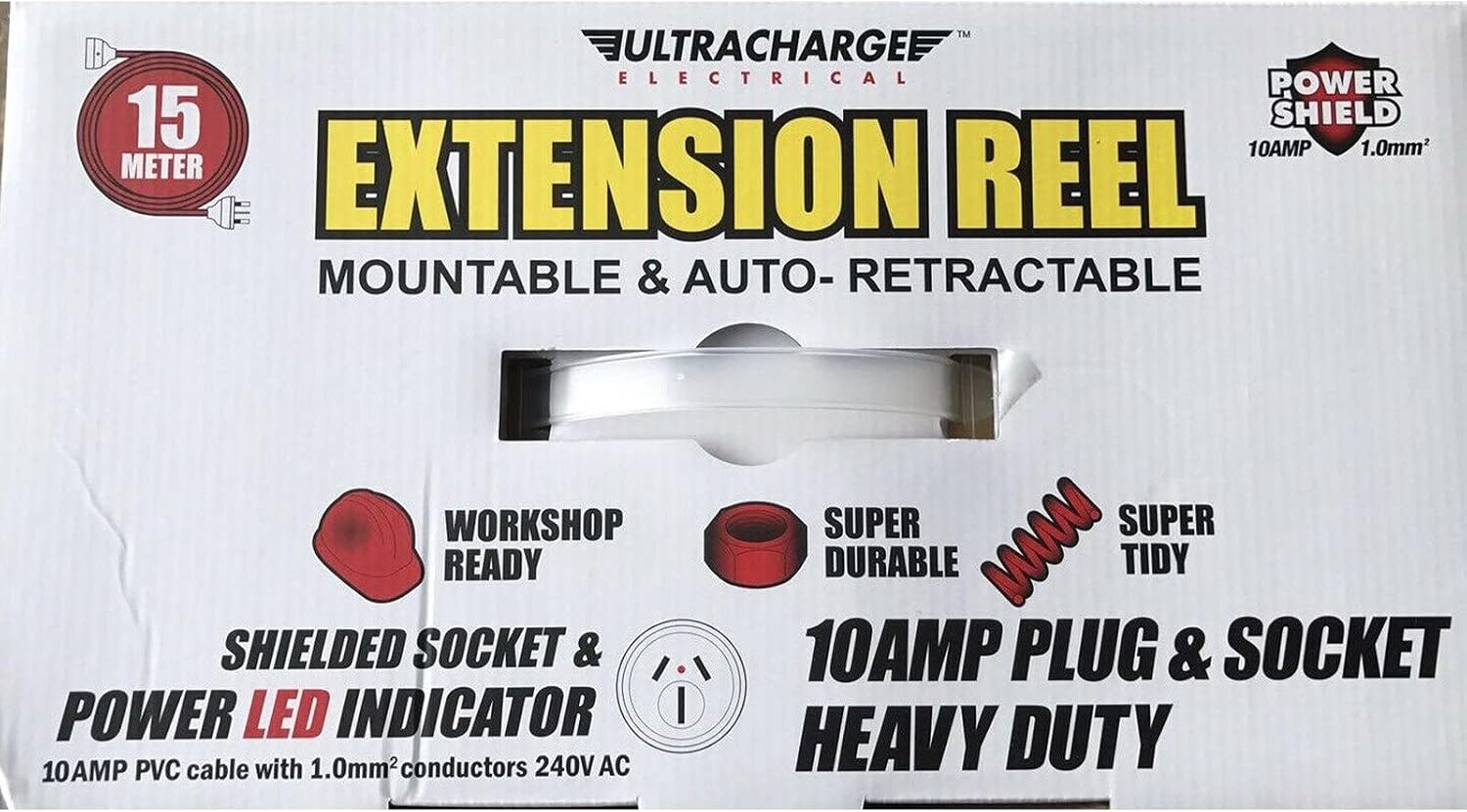 Ultracharge 10A Tradesman Auto Retractable Extension Lead Power Cord and Mountable Extension Reel, 15 M Length image number 3