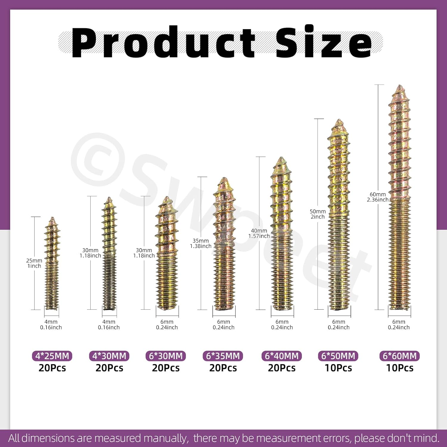 Swpeet 120Pcs 7 Sizes Color Zinc Hanger Bolts Assortment Kit, Double Headed Bolts, Self-Tapping Screw Hanger Bolts, Dowel Screw Bolts Threaded Rods Bolt Furniture Screws for Wood Furniture Joint image number 2