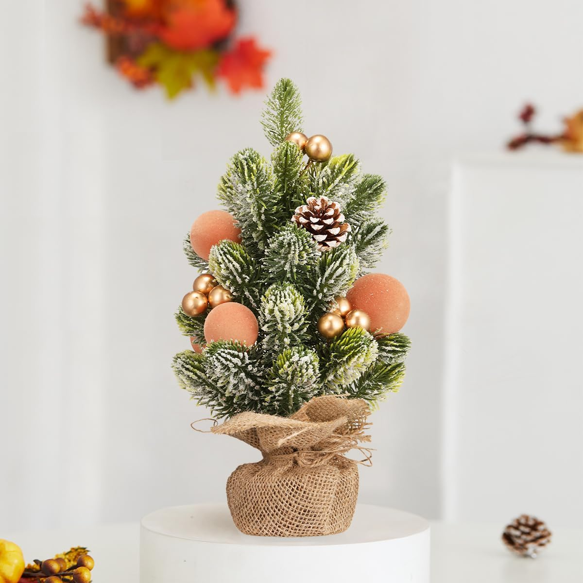 Burlap Small Christmas Tree Decor with Lights - Mini Tabletop Artificial Tree Centerpiece Christmas Gift Indoor Home Office Desk Holiday Decorations(Gold Ornament) image number 1