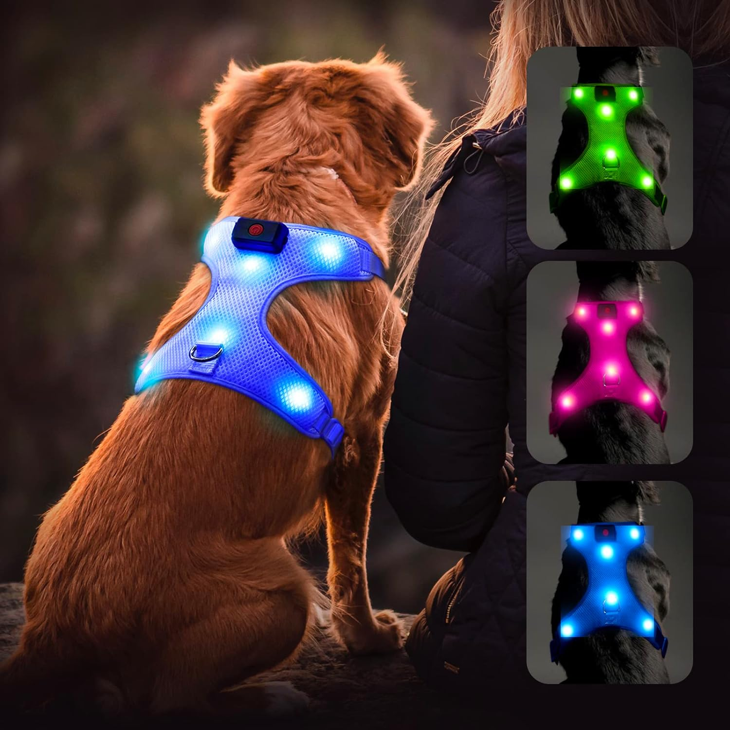 Flashseen LED Dog Harness, Lighted up USB Rechargeable Pet Harness, Illuminated Reflective Glowing Dog Vest Adjustable Soft Padded No-Pull Suit for Small, Medium, Large Dogs (Green, M)