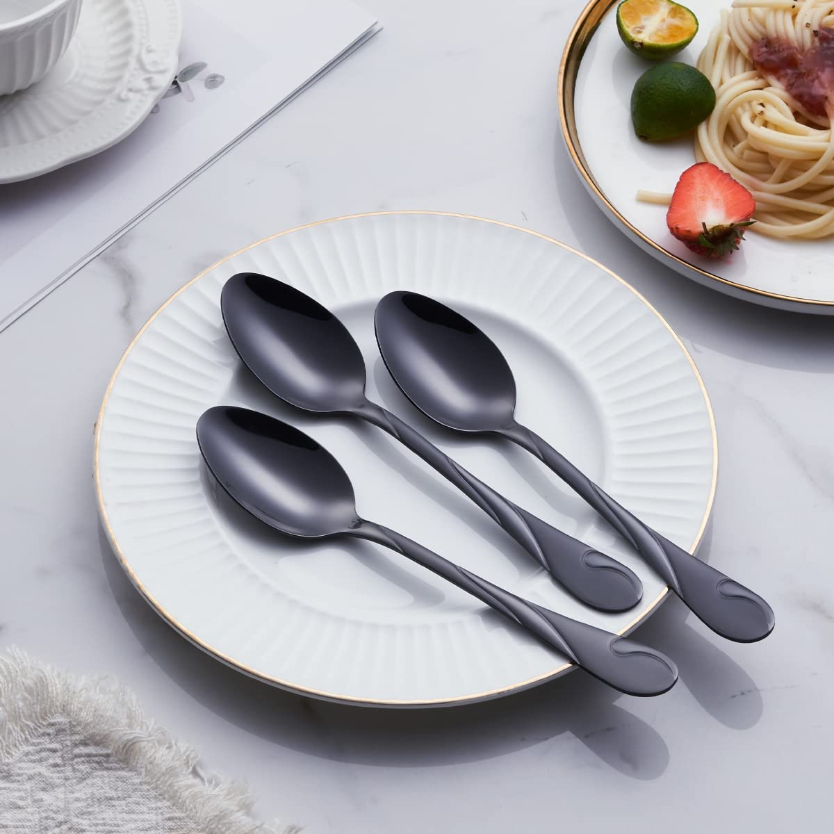 19.3 Cm Stainless Steel Black Dinner Spoon, Metal Soup Spoons Table Spoon Silverware Set of 6, for Home Kitchen Restaurants - Black image number 6
