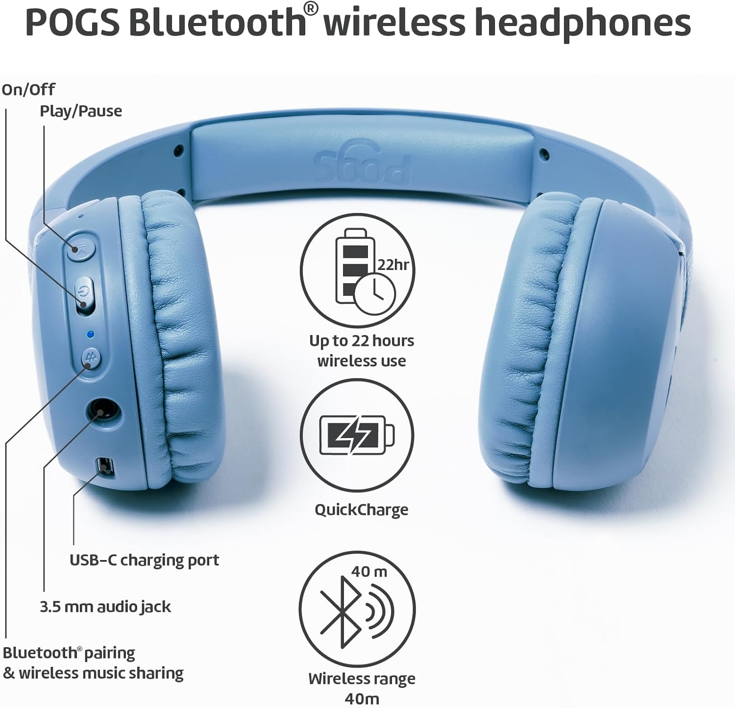 POGS Wireless Bluetooth Children'S Headphones | the Gecko 2 | Foldable Robust Children'S Headphones from 3 Years | Volume Limit 85 Db | Microphone | On-Ear | Wireless Music Sharing Function (Rblue)