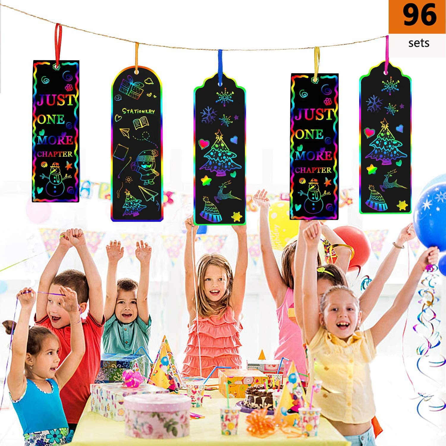 Augsun 96 Kits of Scratch Rainbow Paper Art Bookmarks DIY Gift Tags Magic Rainbow Notes Cards with Bamboo Stylus, Colorful Satin Ribbons for Children Students Party Favor Classroom Travel Activity image number 2