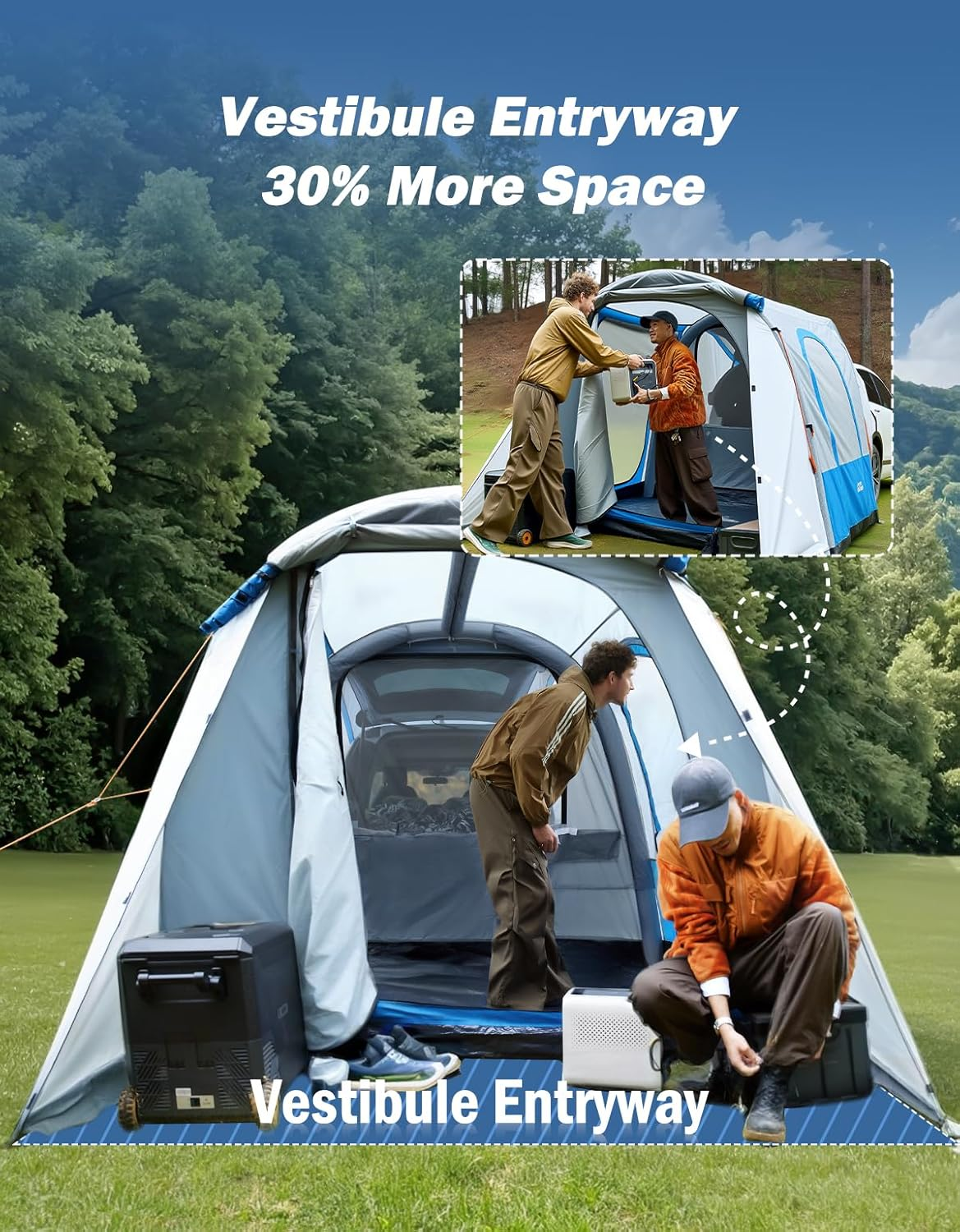 JOYTUTUS SUV Tent with Inflatable Pump, Easy Set-Up Car Tent for 6 Person with Car Roof Canopy, Dual-Use Blow up SUV Camping Tent with 2 Awnings, Double Door