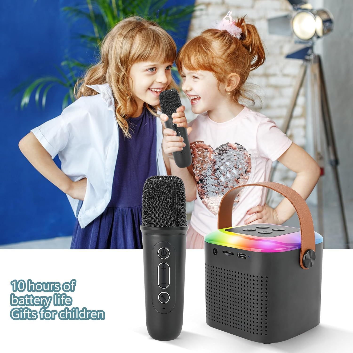 Portable Karaoke Machine with 2 Wireless Microphones and Dynamic Lights, Mini Bluetooth Speaker for Adults and Children,Birthday Gift, Party, School,Outdoor, Travel (Black) image number 2